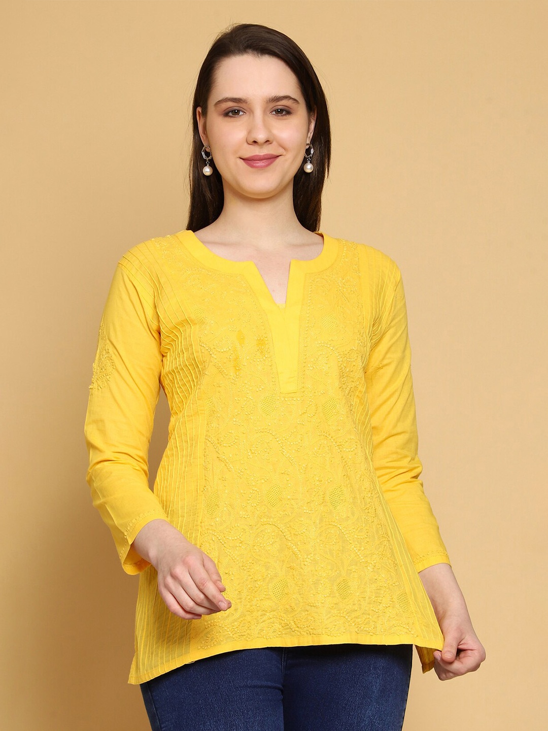 

ADA Floral Embroidered Lucknowi Chikankari Round Neck Pure Cotton Kurti, Yellow