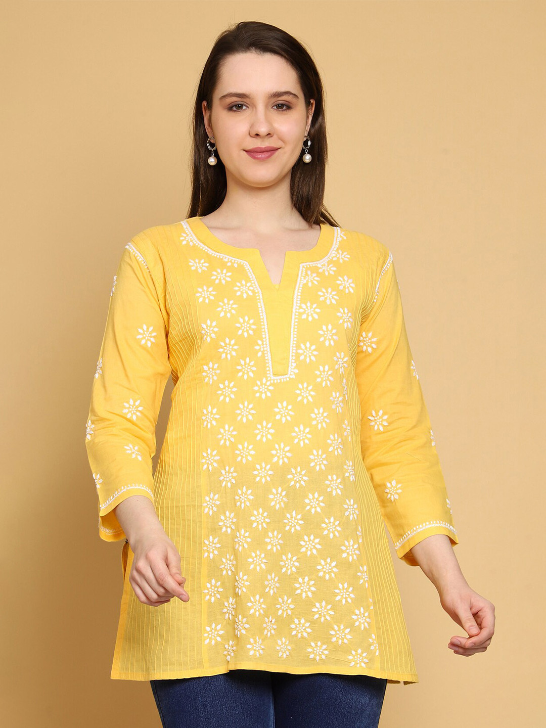 

ADA Floral Embroidered Lucknowi Chikankari Round Neck Pure Cotton Kurti, Yellow