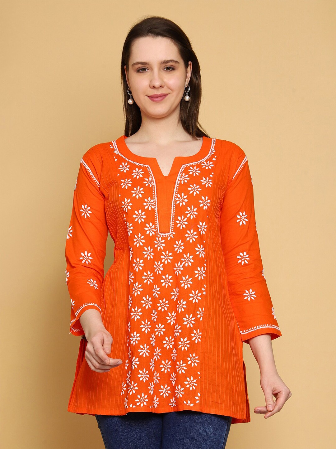 

ADA Floral Embroidered Lucknowi Chikankari Pure Cotton Kurti, Orange