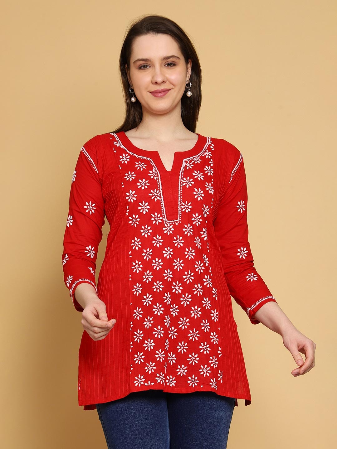 

ADA Floral Embroidered Lucknowi Chikankari Pure Cotton Kurti, Red