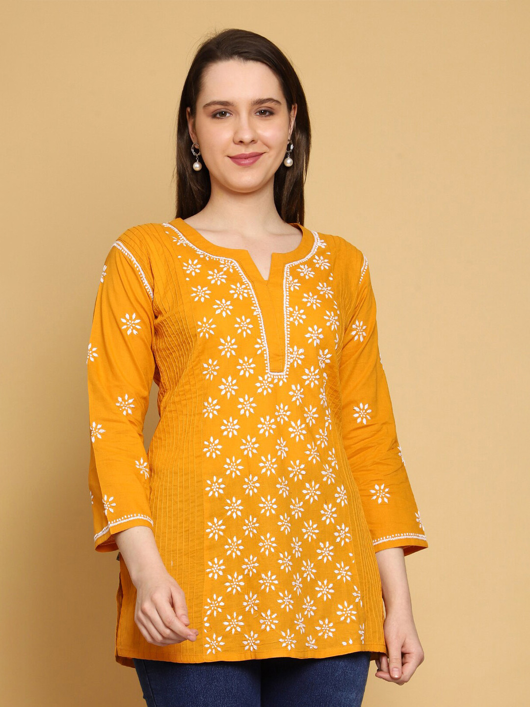 

ADA Floral Embroidered Lucknowi Chikankari Pure Cotton Kurti, Mustard