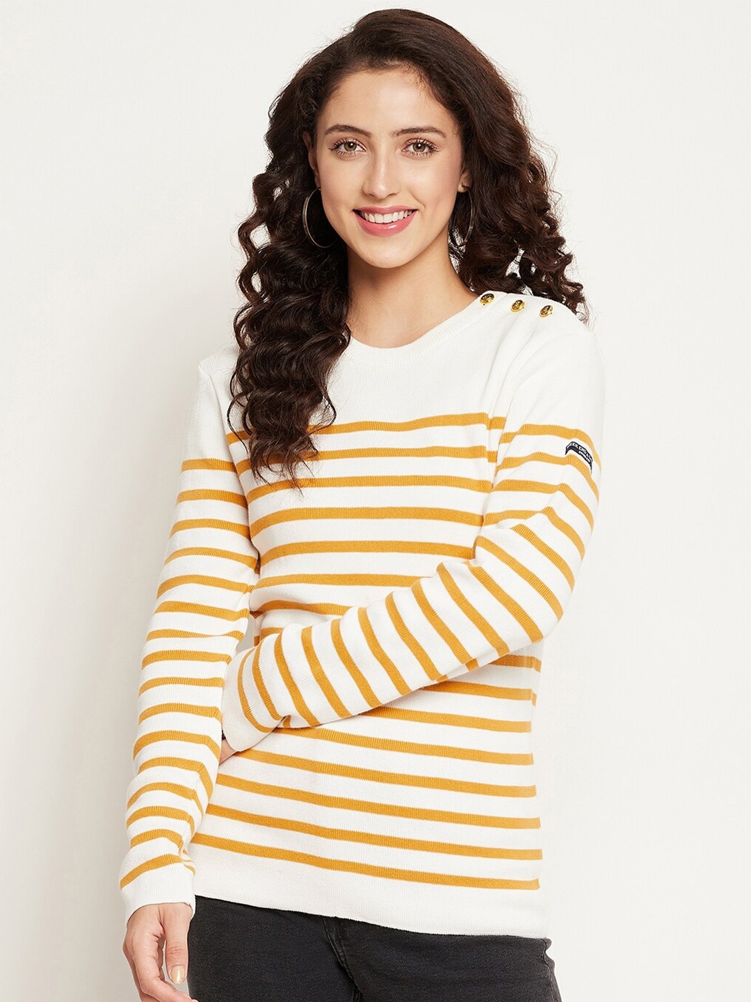 

GABBLE & WOLSH Striped Round Neck Pure Cotton Pullover, Yellow