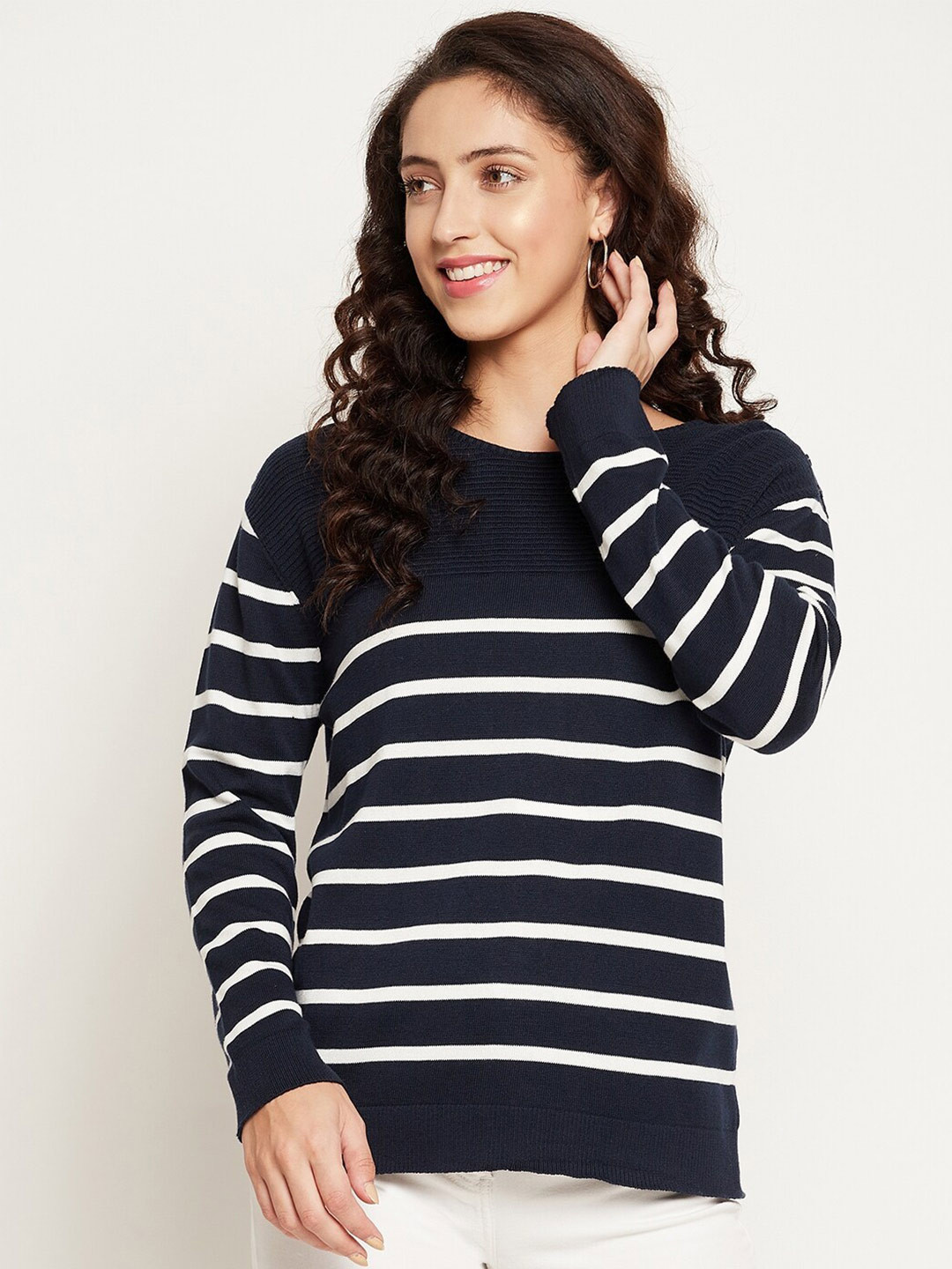 

GABBLE & WOLSH Striped Round Neck Pure Cotton Pullover, Blue