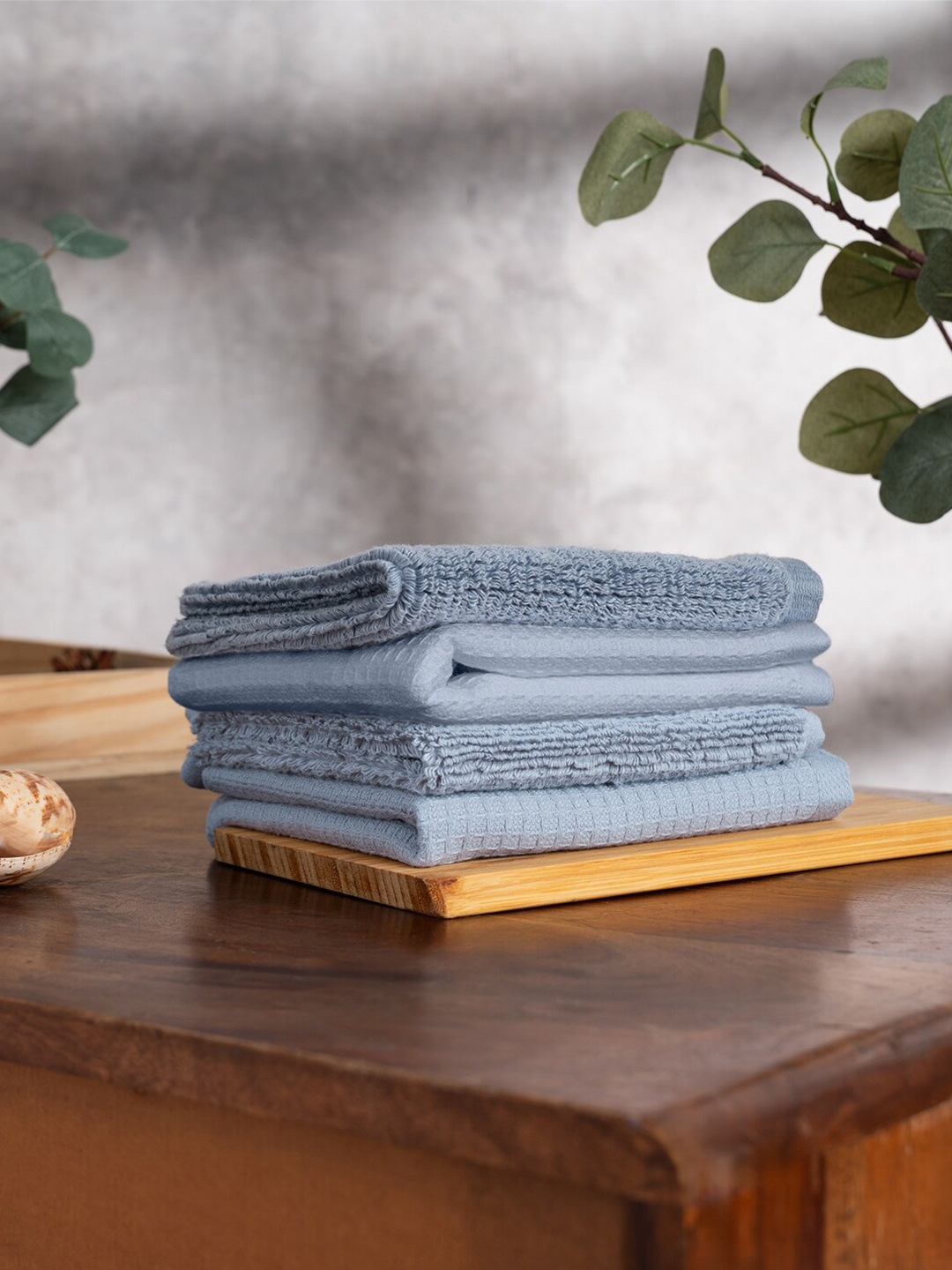 

DAMENSCH Earthy Blue 4 Pc Waffle Plush Egyptain Cotton 600GSM & Terry Texture Face Towels