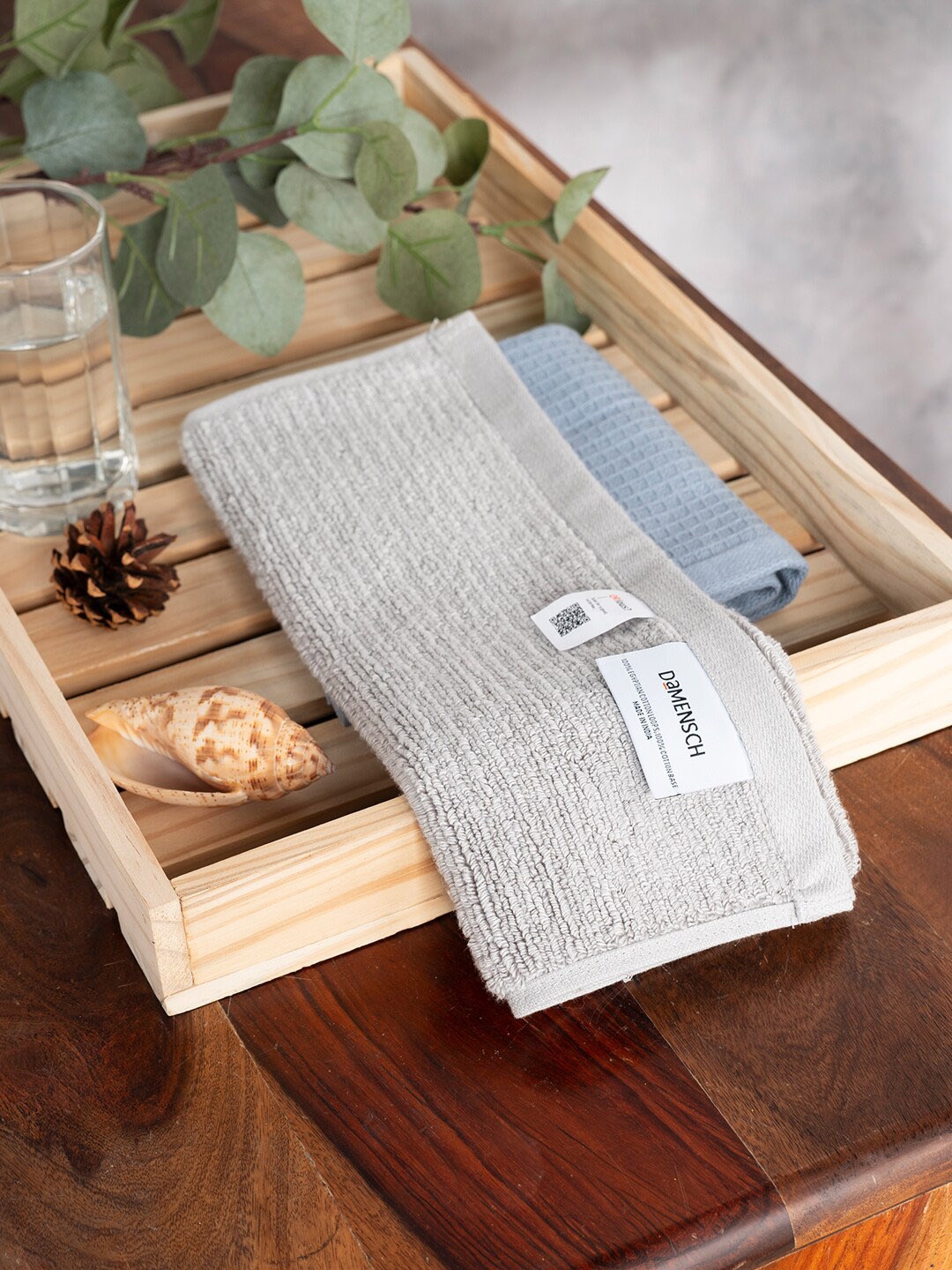 

DAMENSCH 2Pc Earthy Blue & Fog Grey Waffle Plush Cotton 600GSM & Terry Texture Face Towels