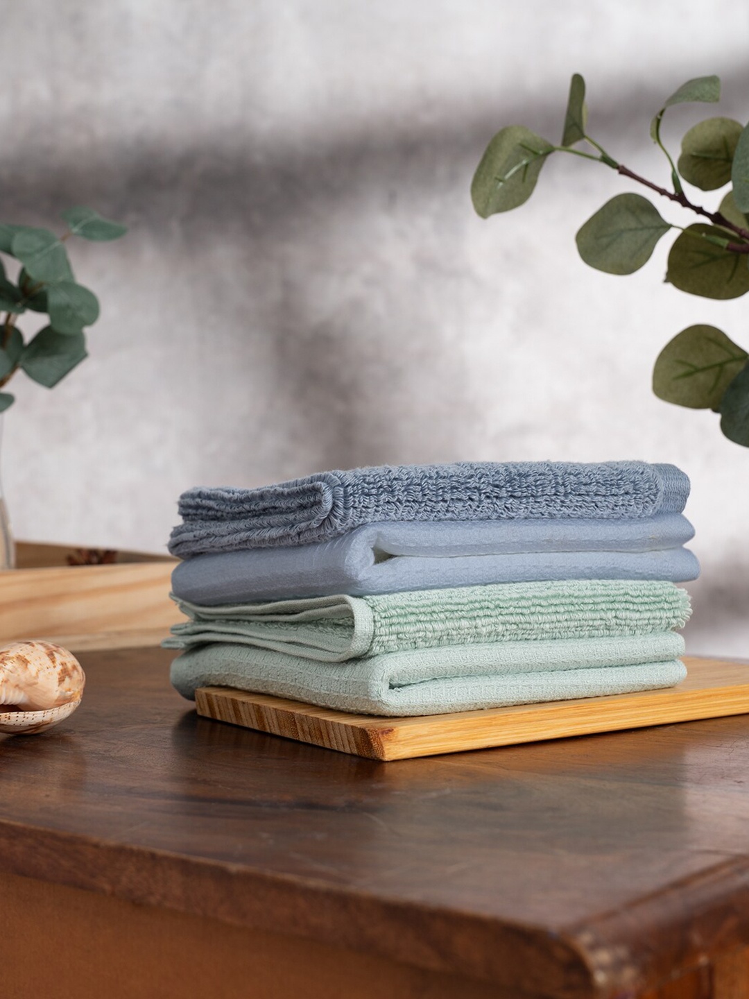 

DAMENSCH 4Pc Sea Green & Fog Grey Waffle Plush Cotton 600GSM & Terry Texture Face Towels, Blue