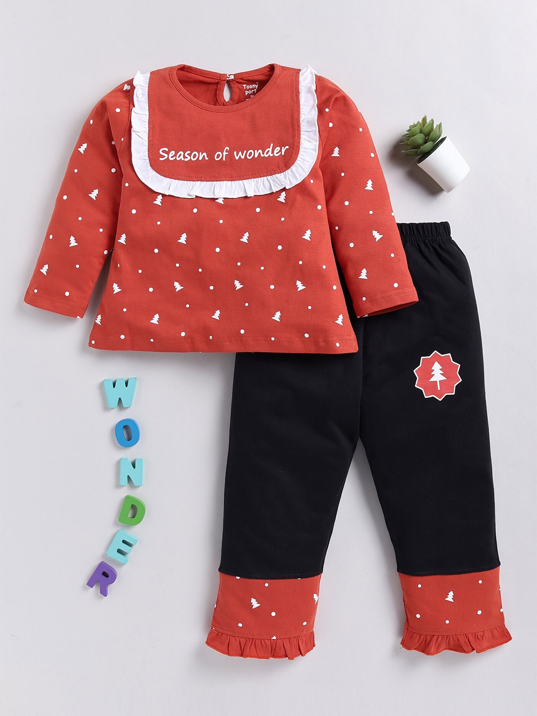 

Toonyport Infant Girls Printed Pure Cotton Top with Trousers, Red