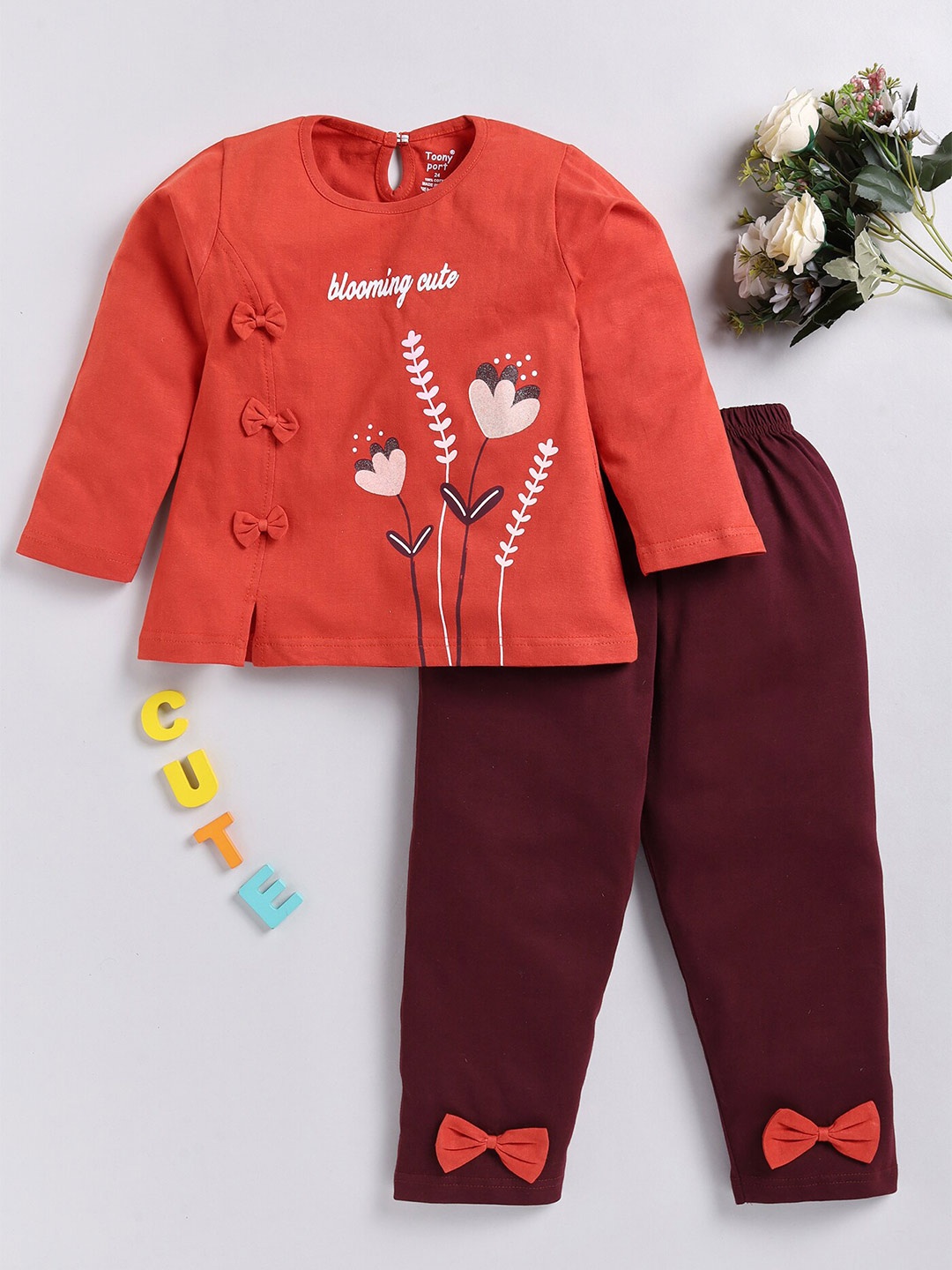

Toonyport Infant Girls Printed Pure Cotton Top with Trousers, Brown