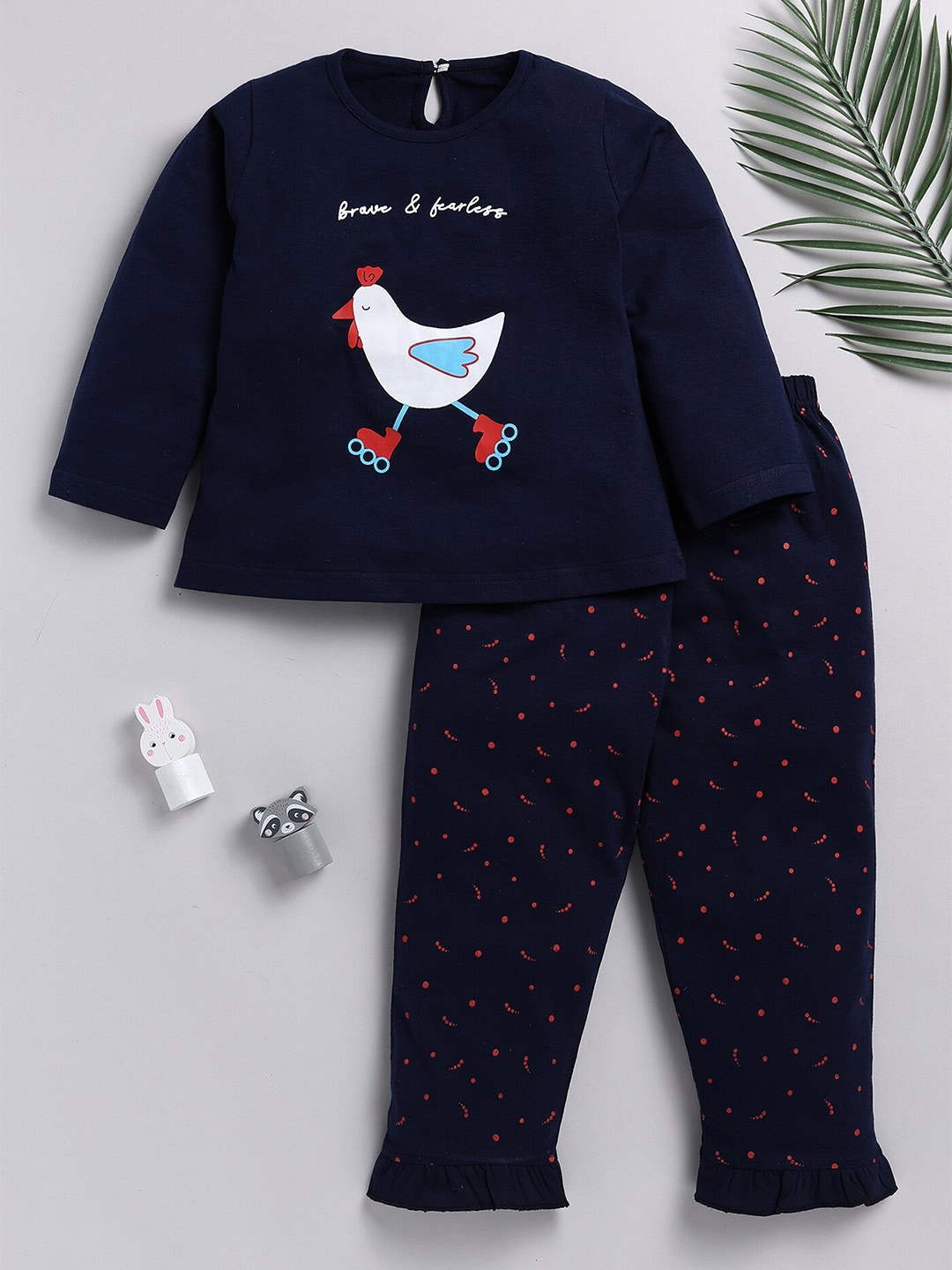 

Toonyport Infant Girls Printed Pure Cotton Top with Trousers, Navy blue