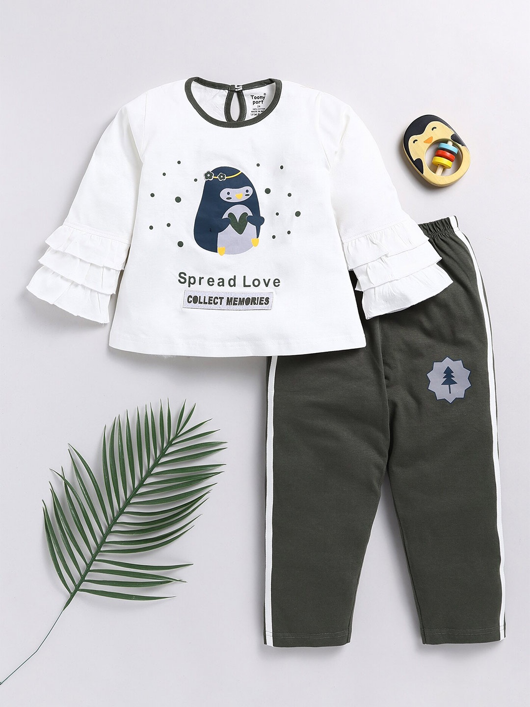 

Toonyport Infant Girls Printed Pure Cotton Top with Trousers, White