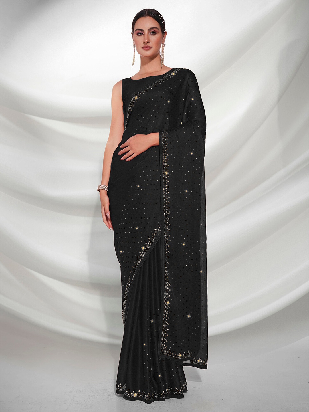 

Mitera Black Embellished Beads and Stones Satin Saree