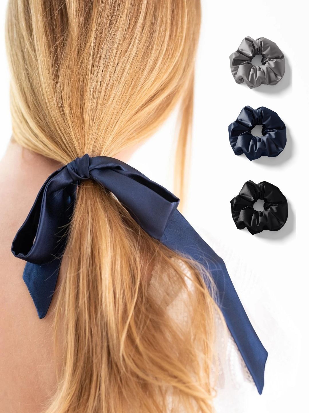 

Mueras Satin Silk Hair Ribbon in Navy Blue and Scrunchies Combo