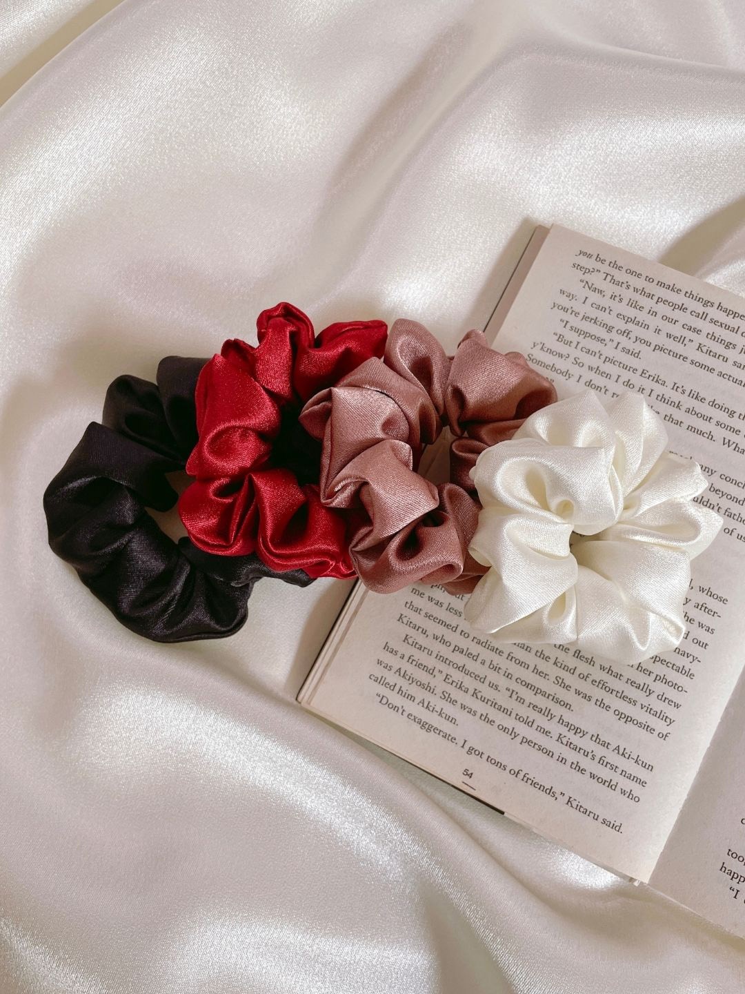 

Mueras Satin Silk Hair Scrunchie Set of 4, Black