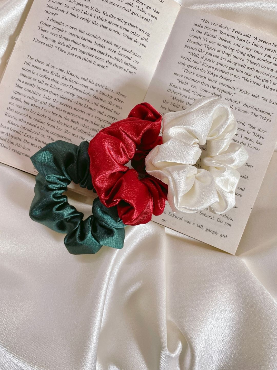 

Mueras Satin Silk Hair Scrunchie Set of 3, White