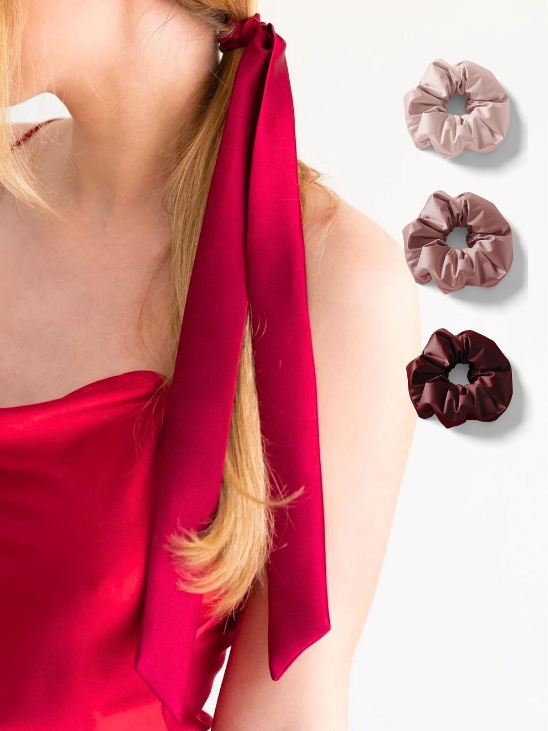 

Mueras Satin Silk Hair Ribbon in Maroon and Scrunchies Combo