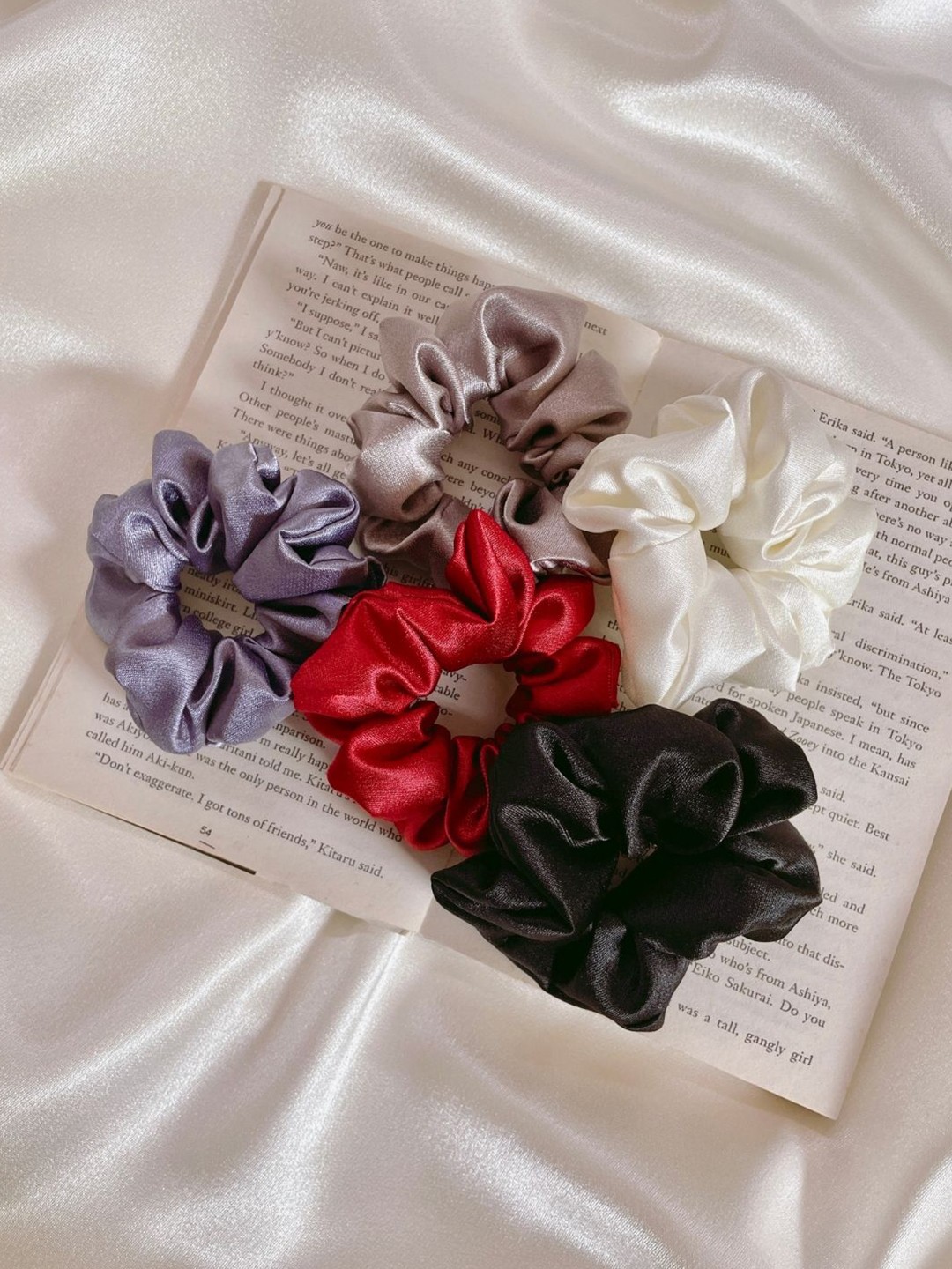 

Mueras Satin Silk Hair Scrunchie Set of 5, Black
