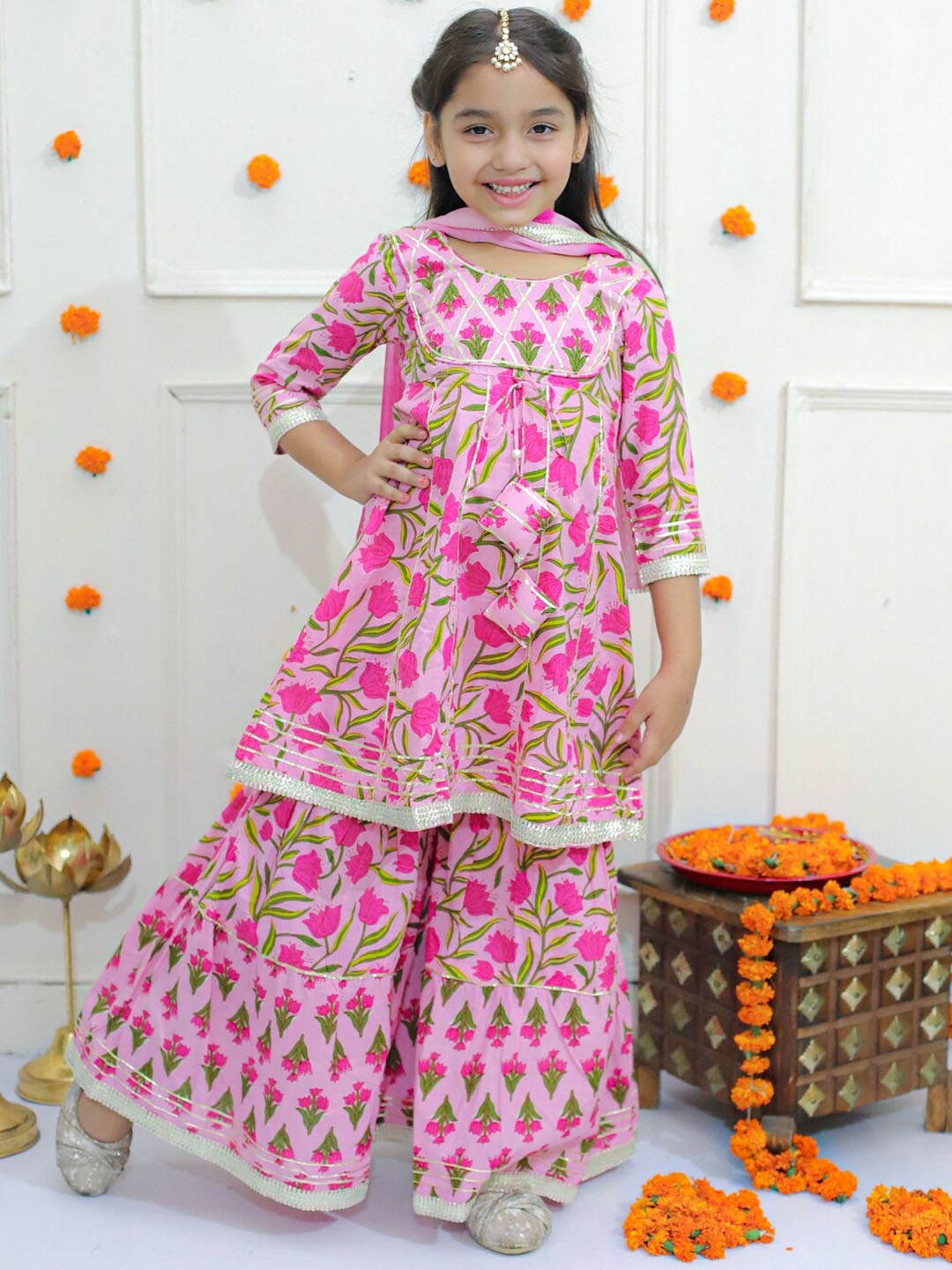 

Ka-mee Girls Floral Printed A-Line Kurta with Sharara & With Dupatta, Pink