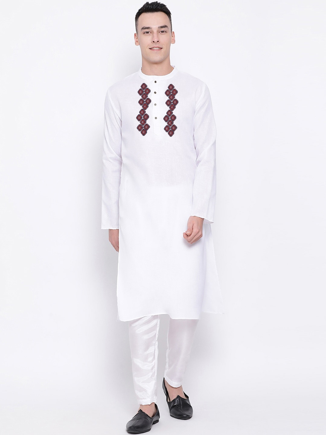 

DEVOILER Ethnic Motifs Band Collar Long Sleeve Straight Kurta, White