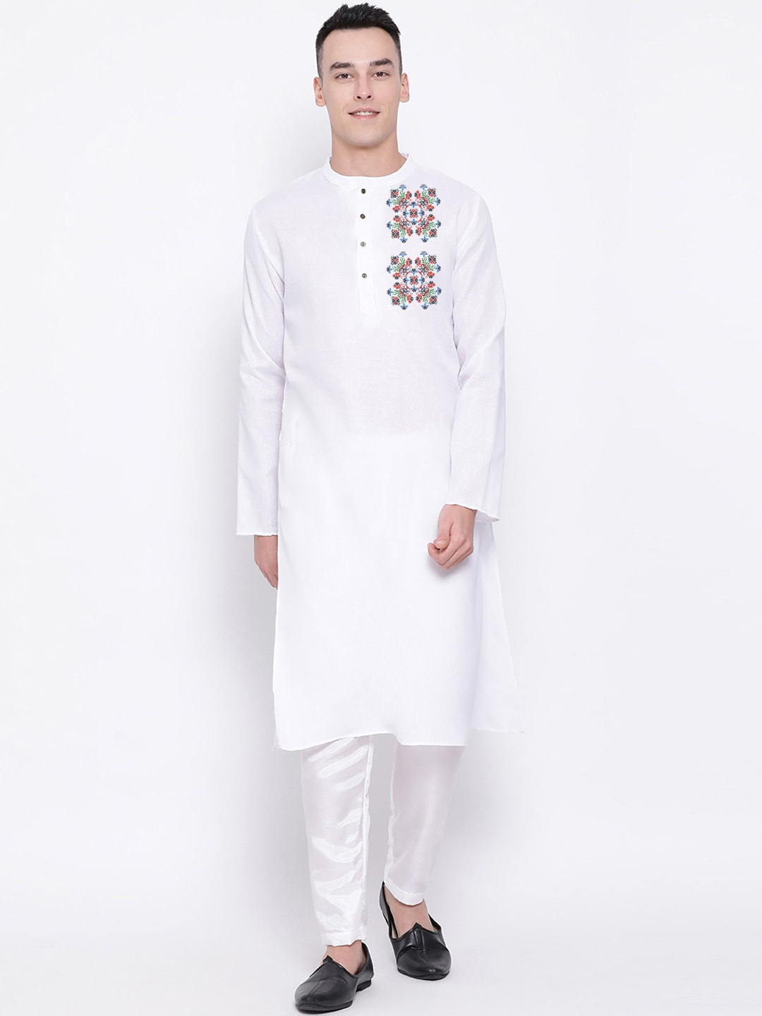 

DEVOILER Ethnic Motifs Band Collar Long Sleeve Straight Kurta, White