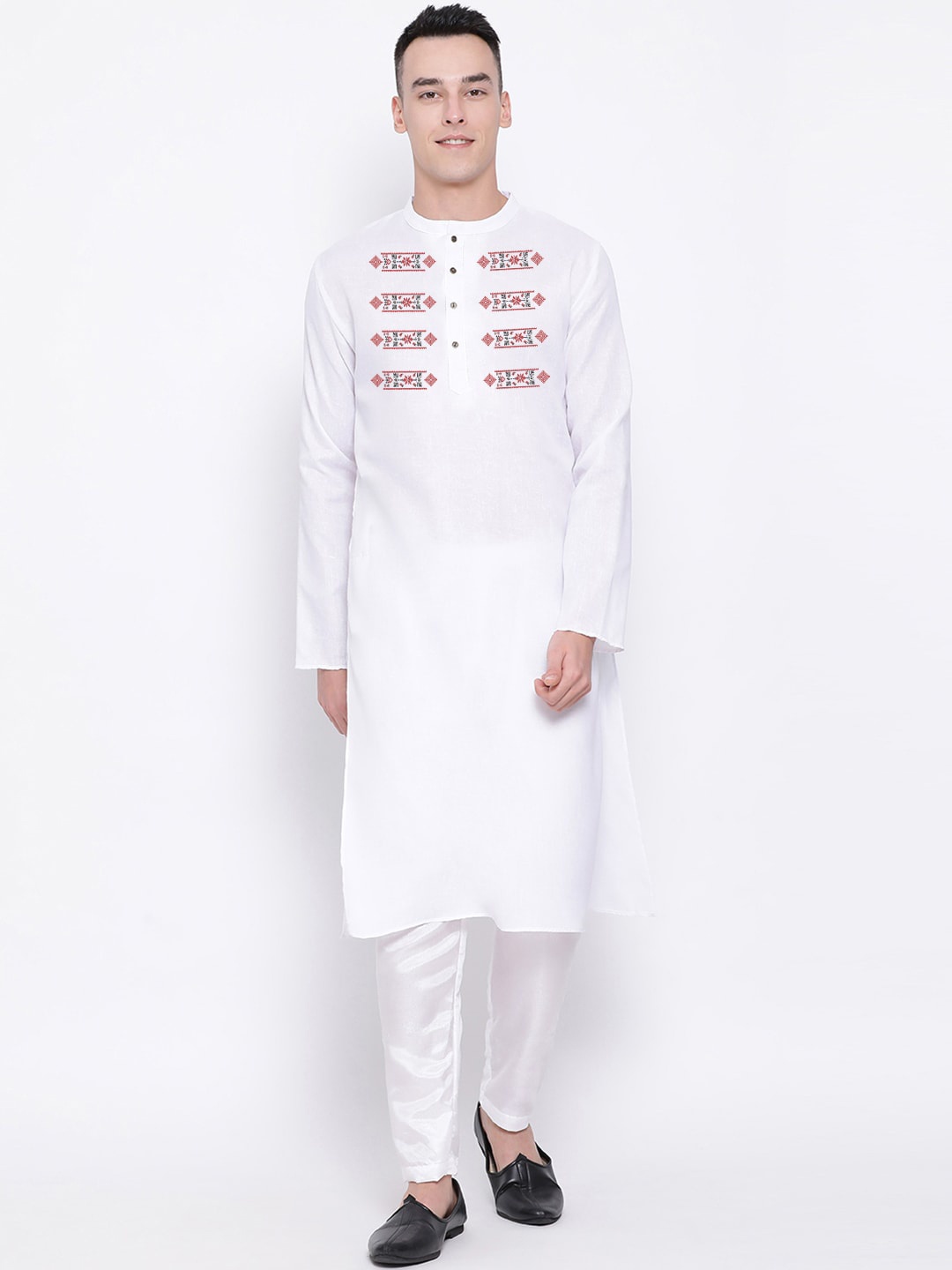 

DEVOILER Ethnic Motifs Yoke Design Band Collar Straight Kurta, White