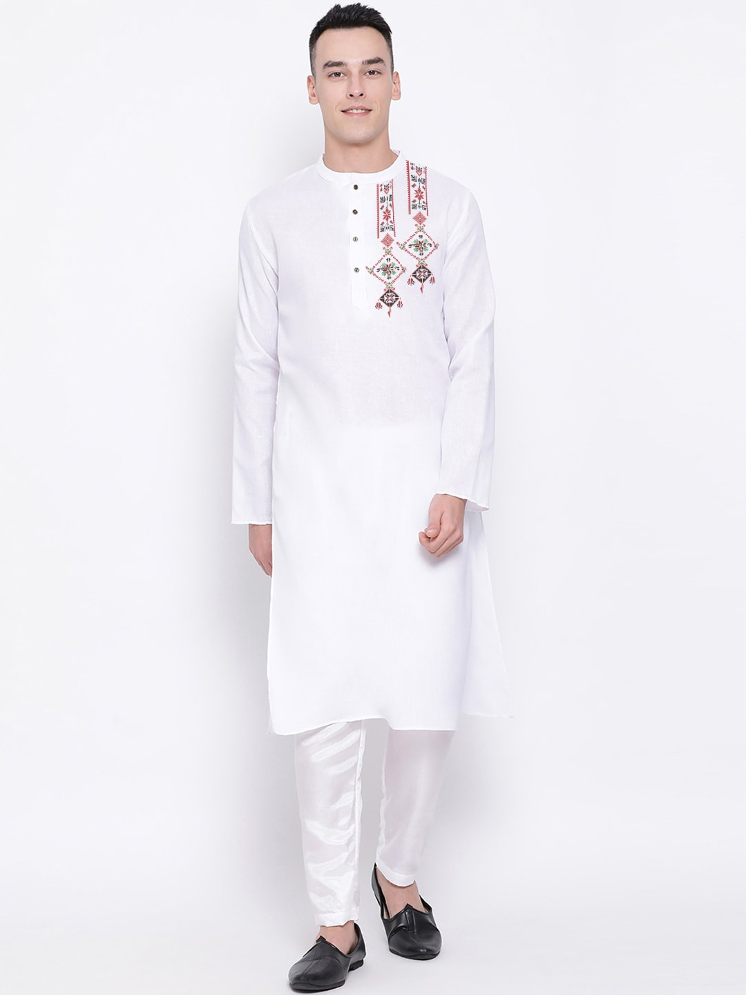 

DEVOILER Ethnic Motifs Band Collar Long Sleeve Straight Kurta, White