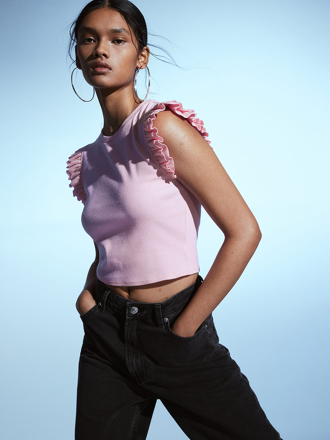 

H&M Women Flutter-Sleeved Ribbed Top, Pink