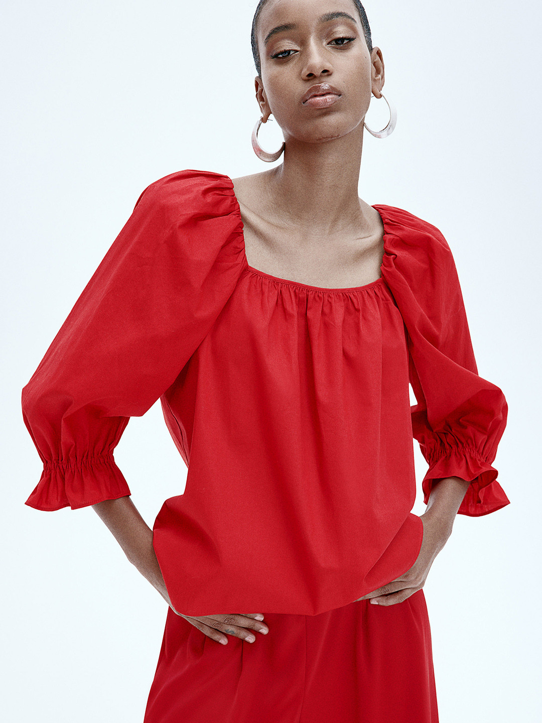 

H&M Women Pure Cotton Balloon-Sleeved Blouse, Red