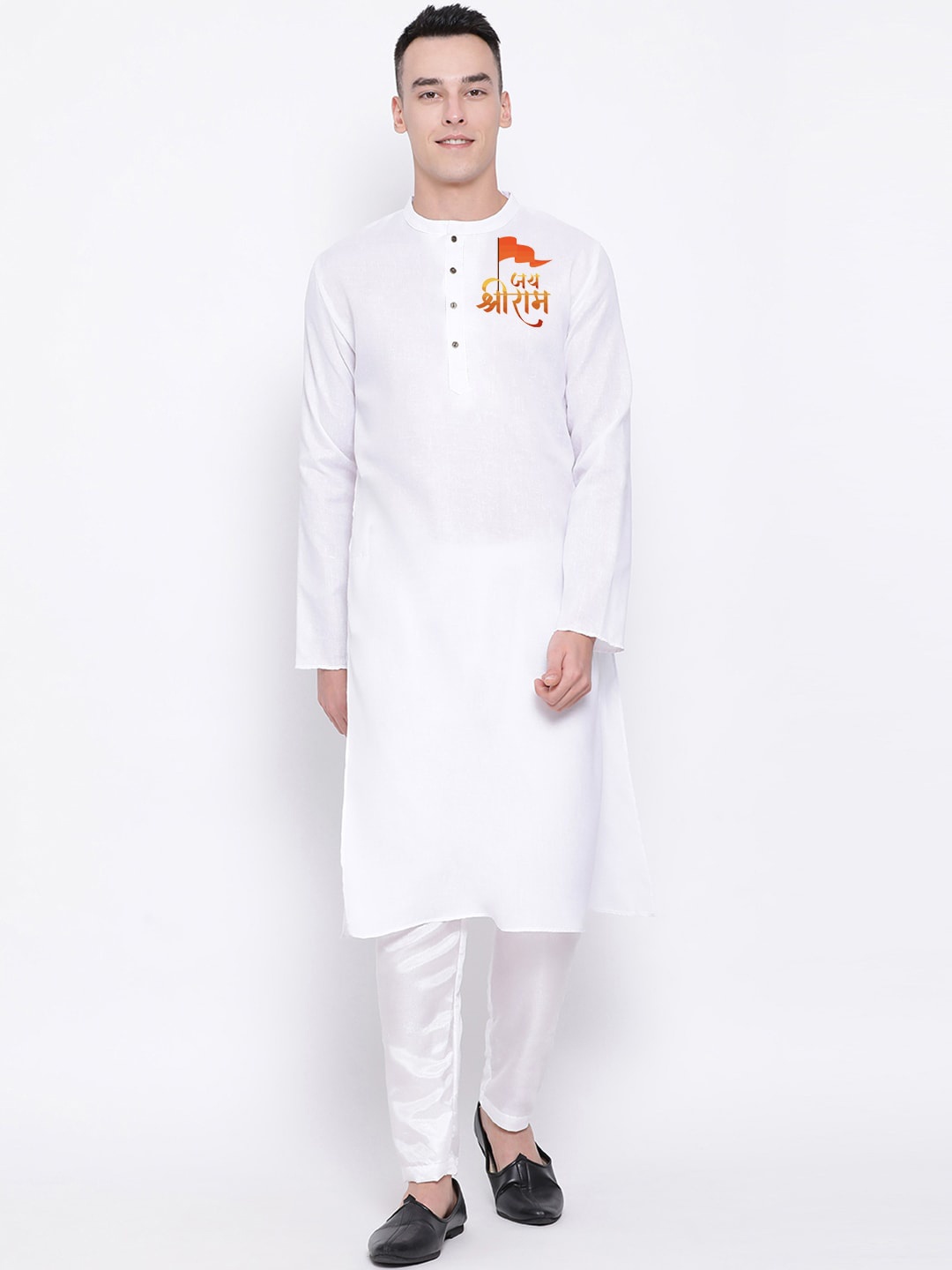 

DEVOILER Ethnic Motifs Band Collar Long Sleeve Straight Kurta, White