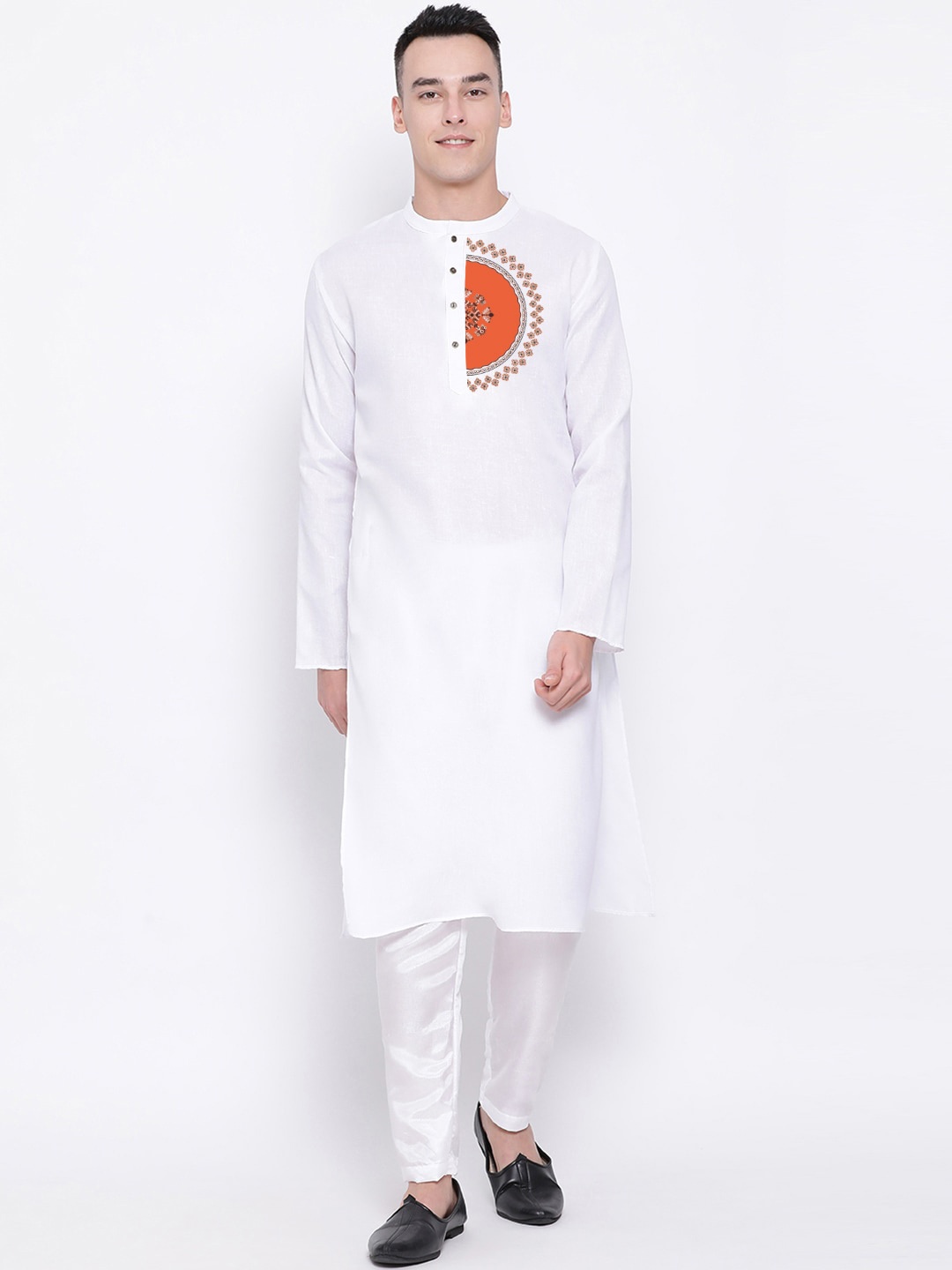 

DEVOILER Ethnic Motifs Band Collar Long Sleeve Straight Kurta, White