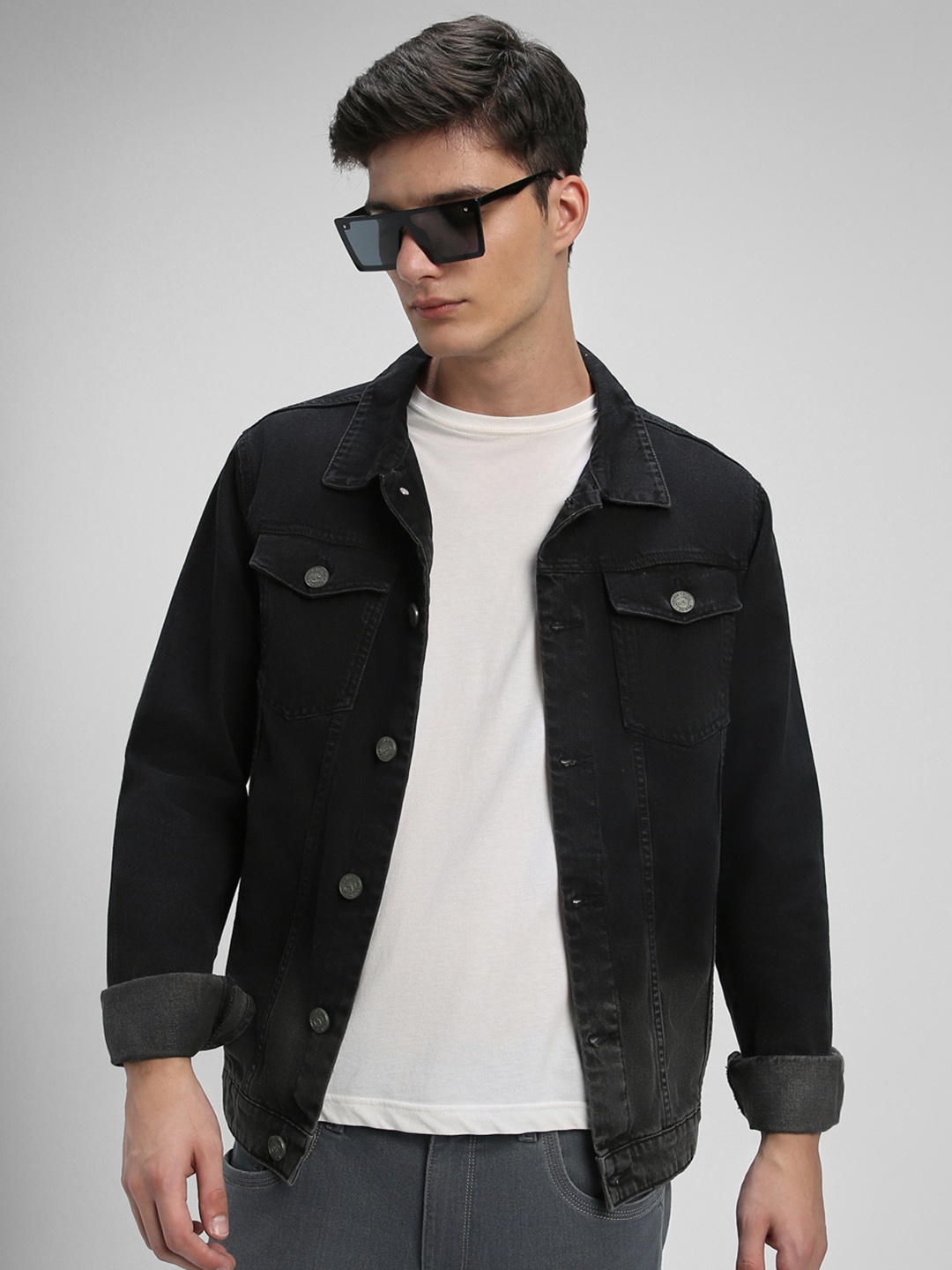 

Dennis Lingo Spread Collar Washed Denim Cotton Jacket, Black