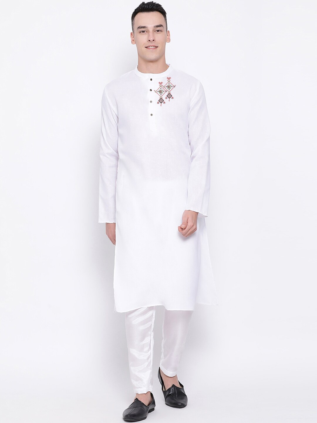 

DEVOILER Ethnic Motifs Printed Band Collar Straight Kurta With Pyjamas, White