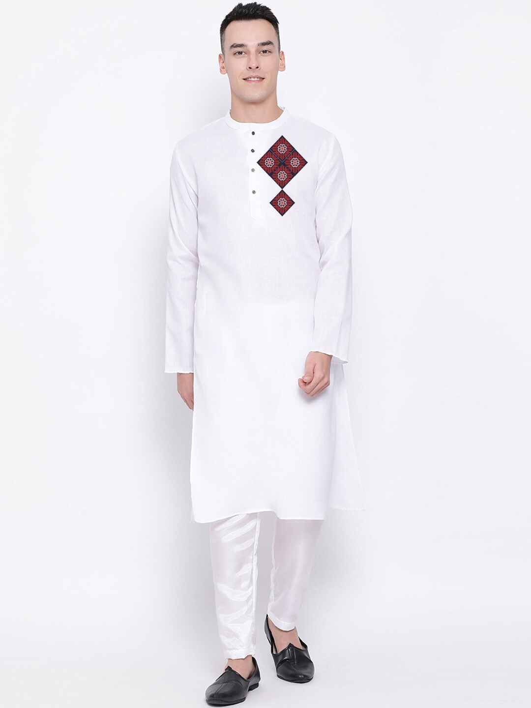 

DEVOILER Ethnic Motifs Printed Mandarin Collar Regular Kurta with Pyjamas, White