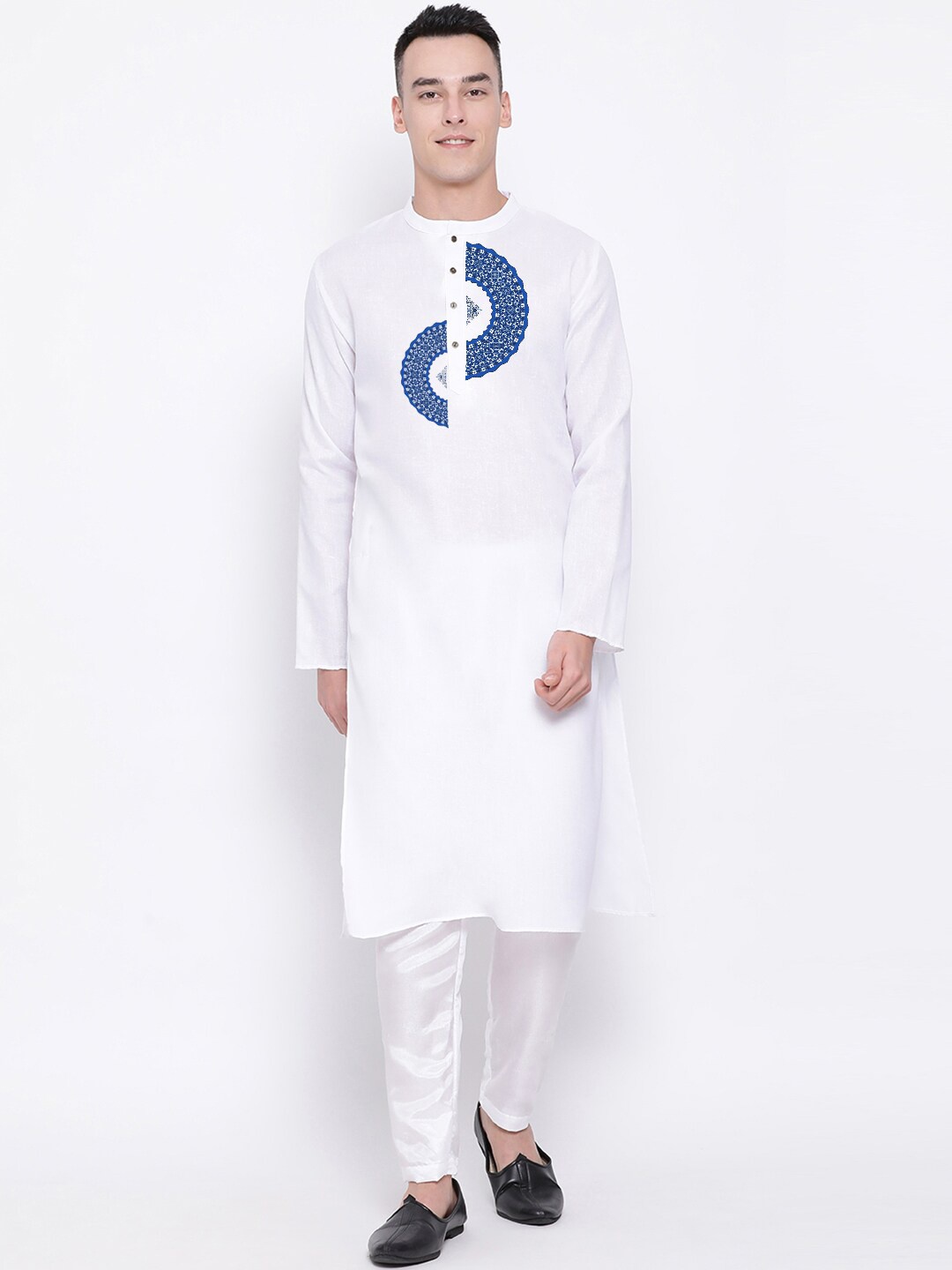 

DEVOILER Ethnic Motifs Printed Mandarin Collar Straight Kurta with Pyjamas, White