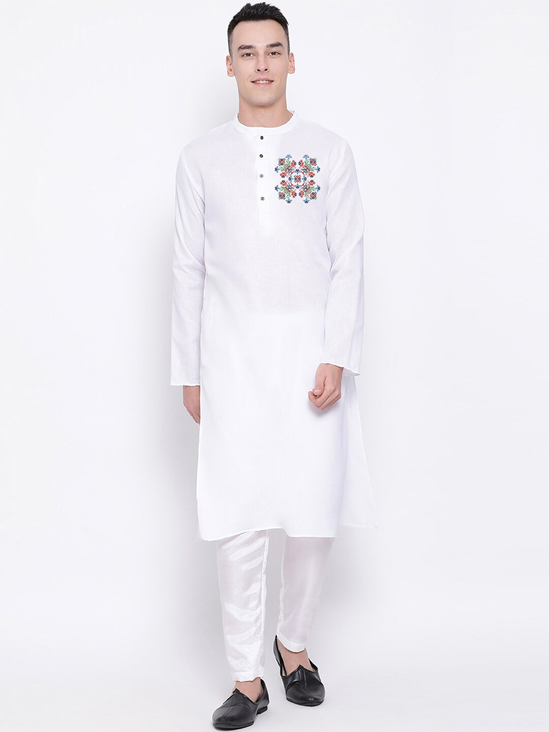 

DEVOILER Ethnic Motifs Printed Band Collar Straight Kurta With Pyjamas, White