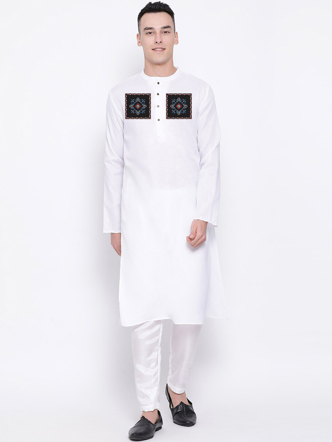 

DEVOILER Geometric Printed Mandarin Collar Straight Kurta With Pyjama, White