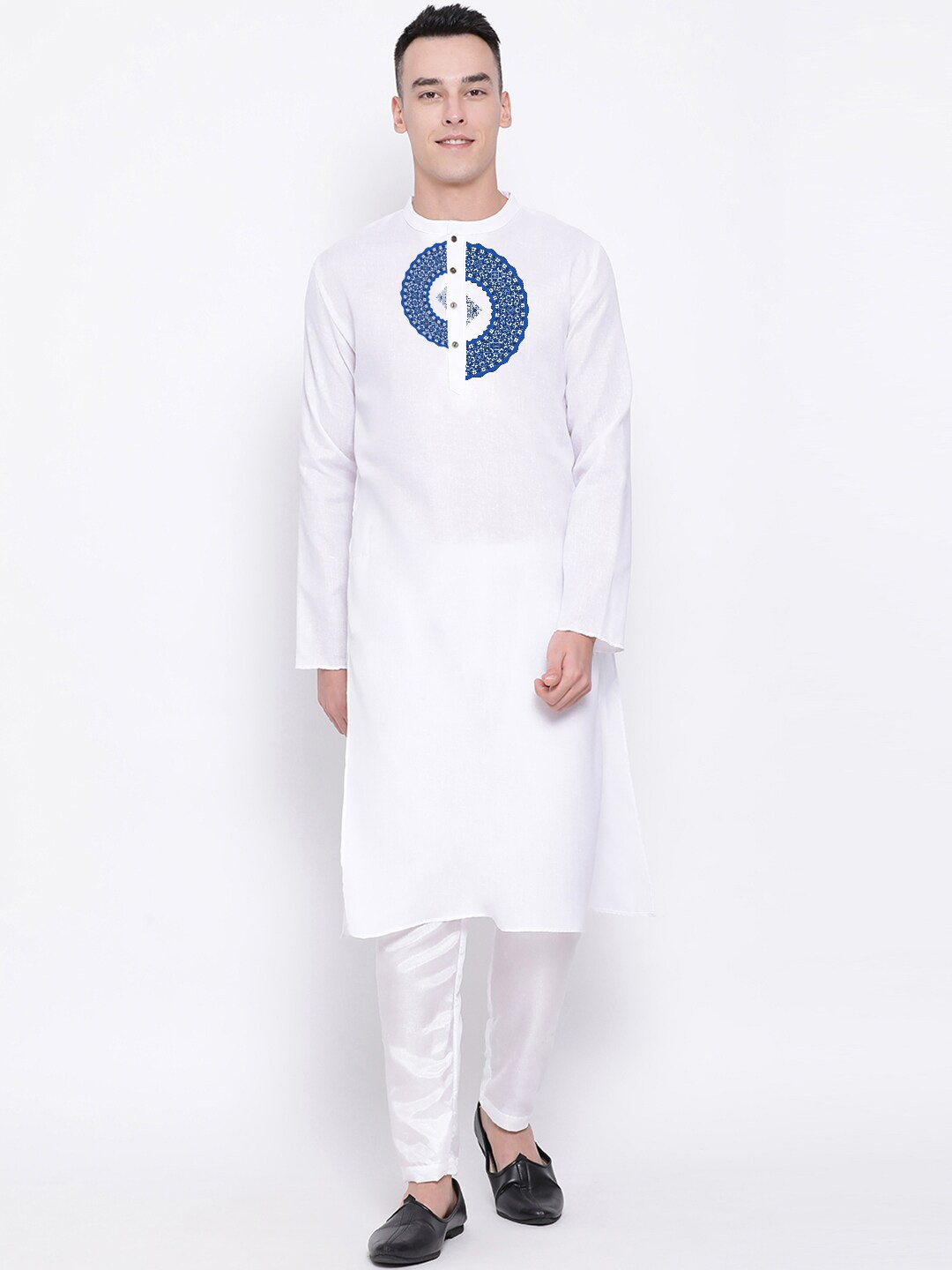 

DEVOILER Geometric Printed Mandarin Collar Regular Kurta with Pyjamas, White