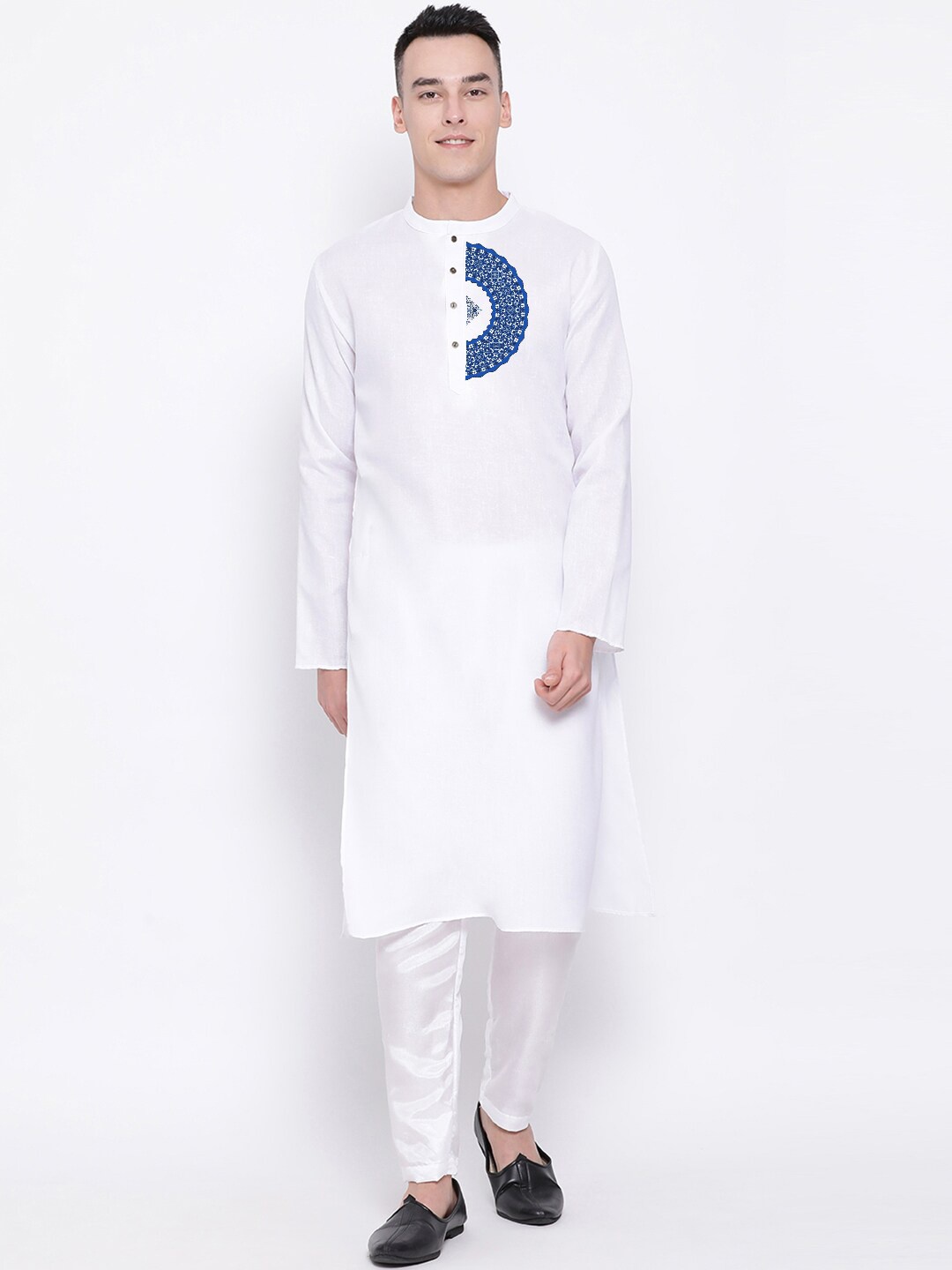 

DEVOILER Ethnic Motifs Printed Mandarin Collar Regular Kurta with Pyjamas, White