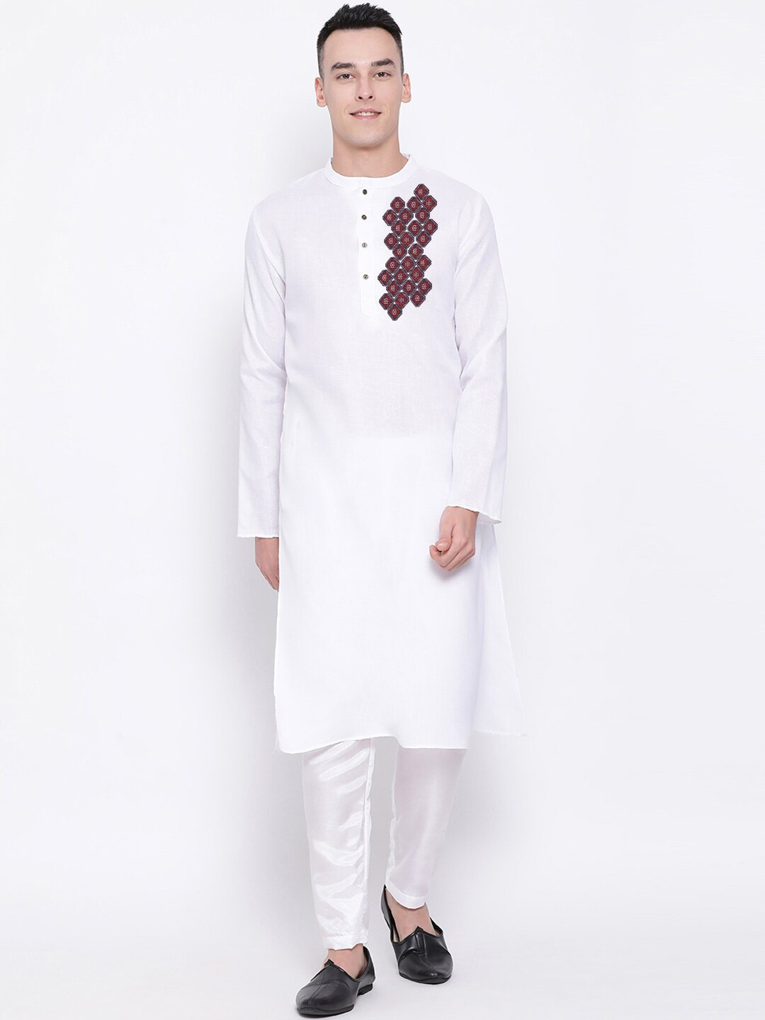 

DEVOILER Ethnic Motifs Printed Mandarin Collar Regular Kurta with Pyjamas, White