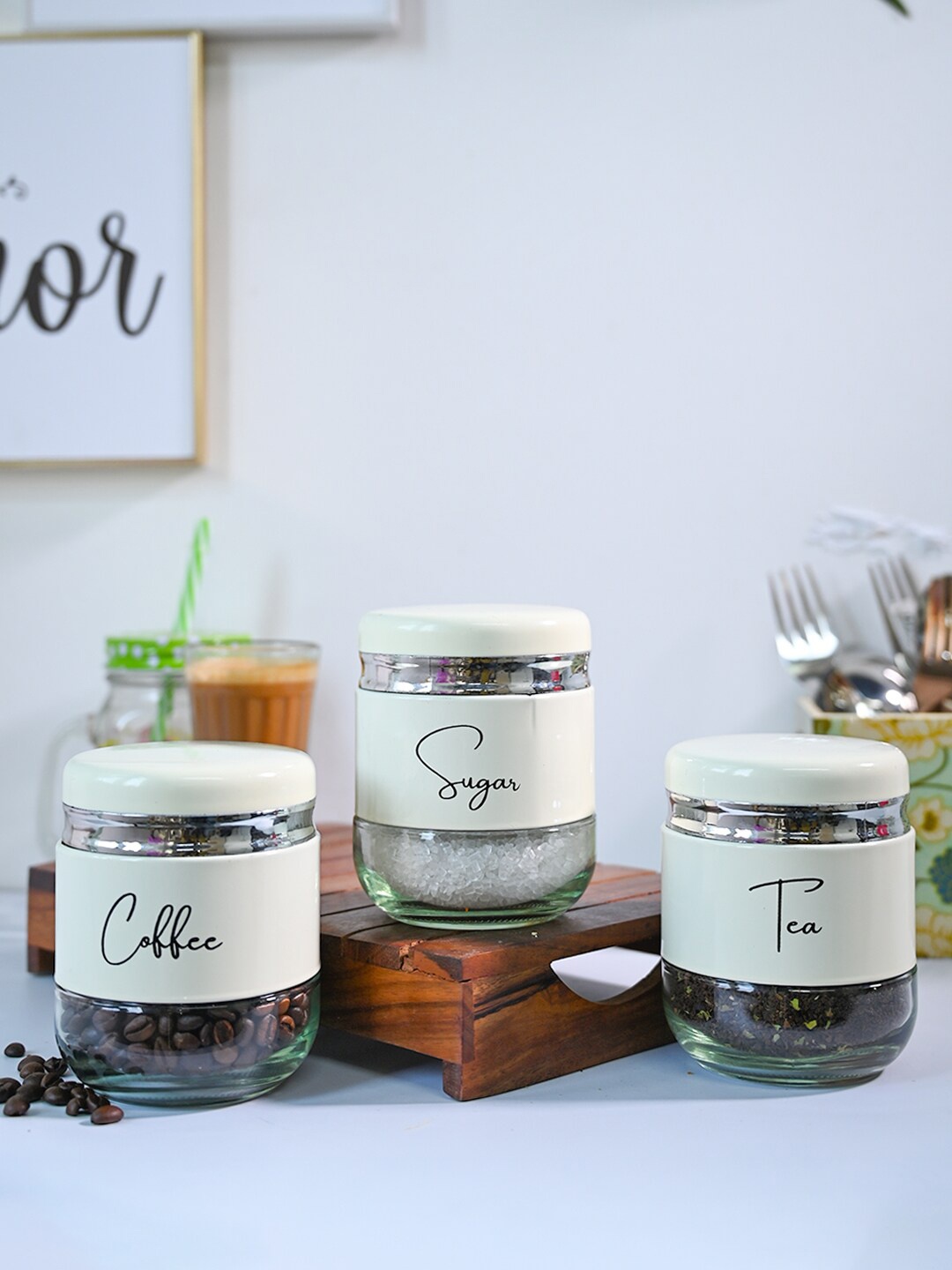 

MARKET99 Off White & Transparent 3-Pieces Printed Detail Tea Sugar & Coffee Jars 360 ml