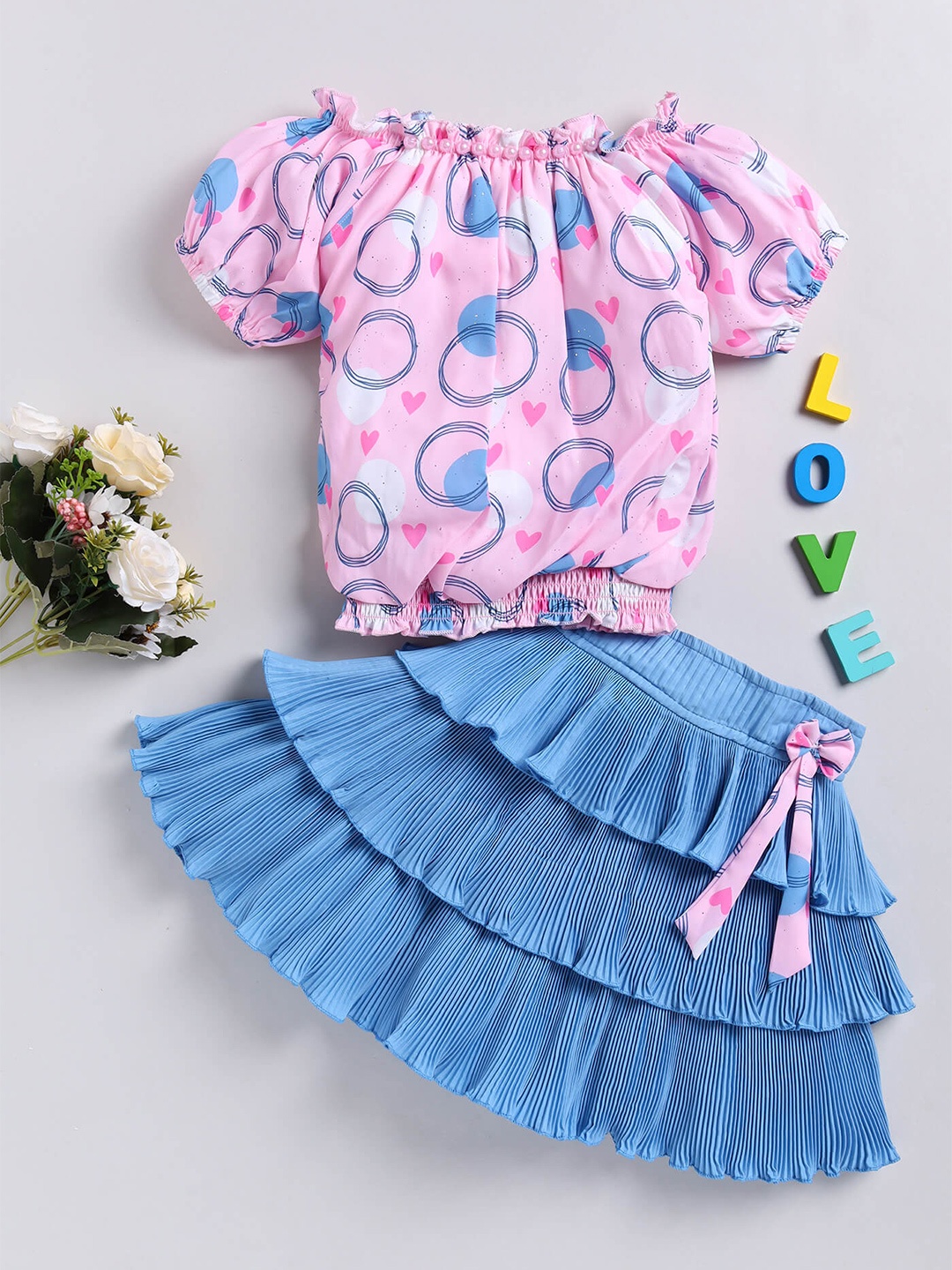 

Toonyport Girls Geometric Printed Top with Skirt, Pink