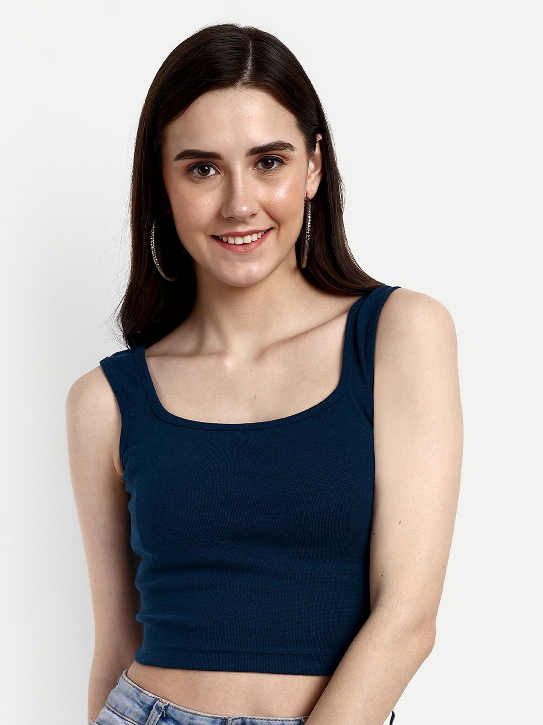 

FERY LONDON Square Neck Cotton Crop Tank Top, Navy blue