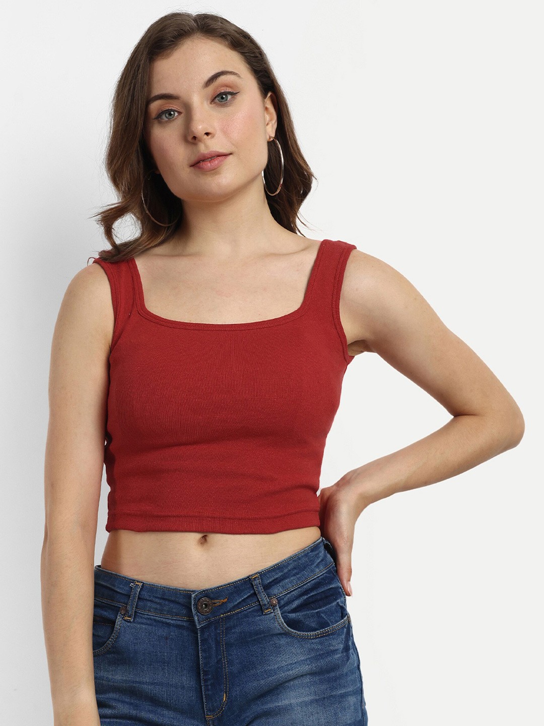 

FERY LONDON Square Neck Cotton Crop Tank Top, Red