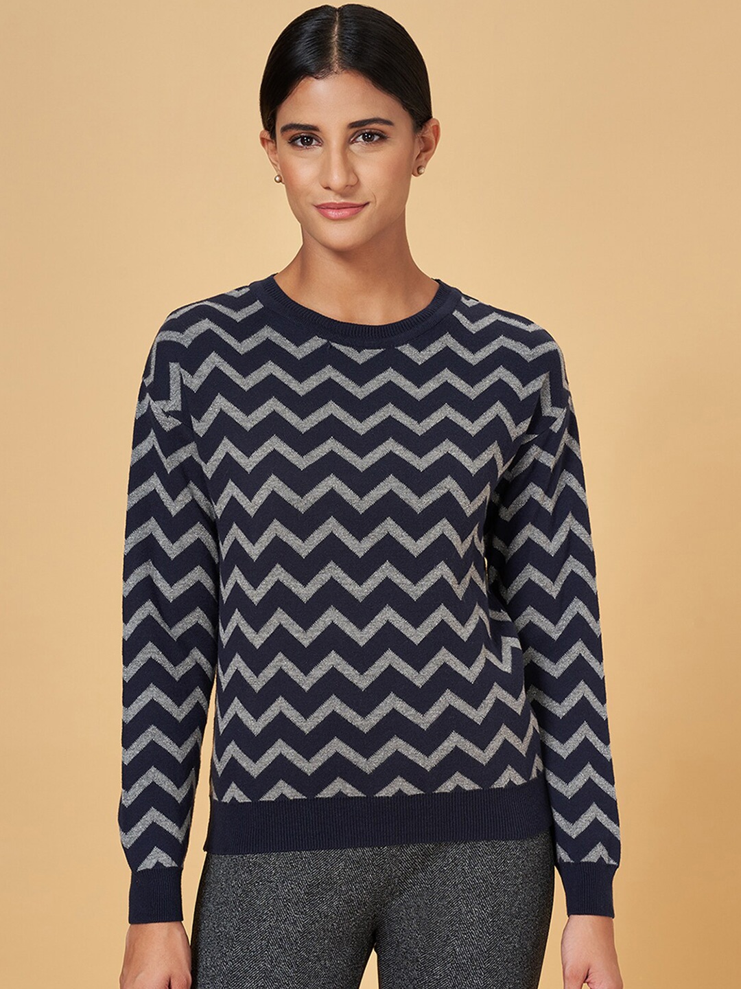 

Annabelle by Pantaloons Chevron Printed Round Neck Pullover, Navy blue