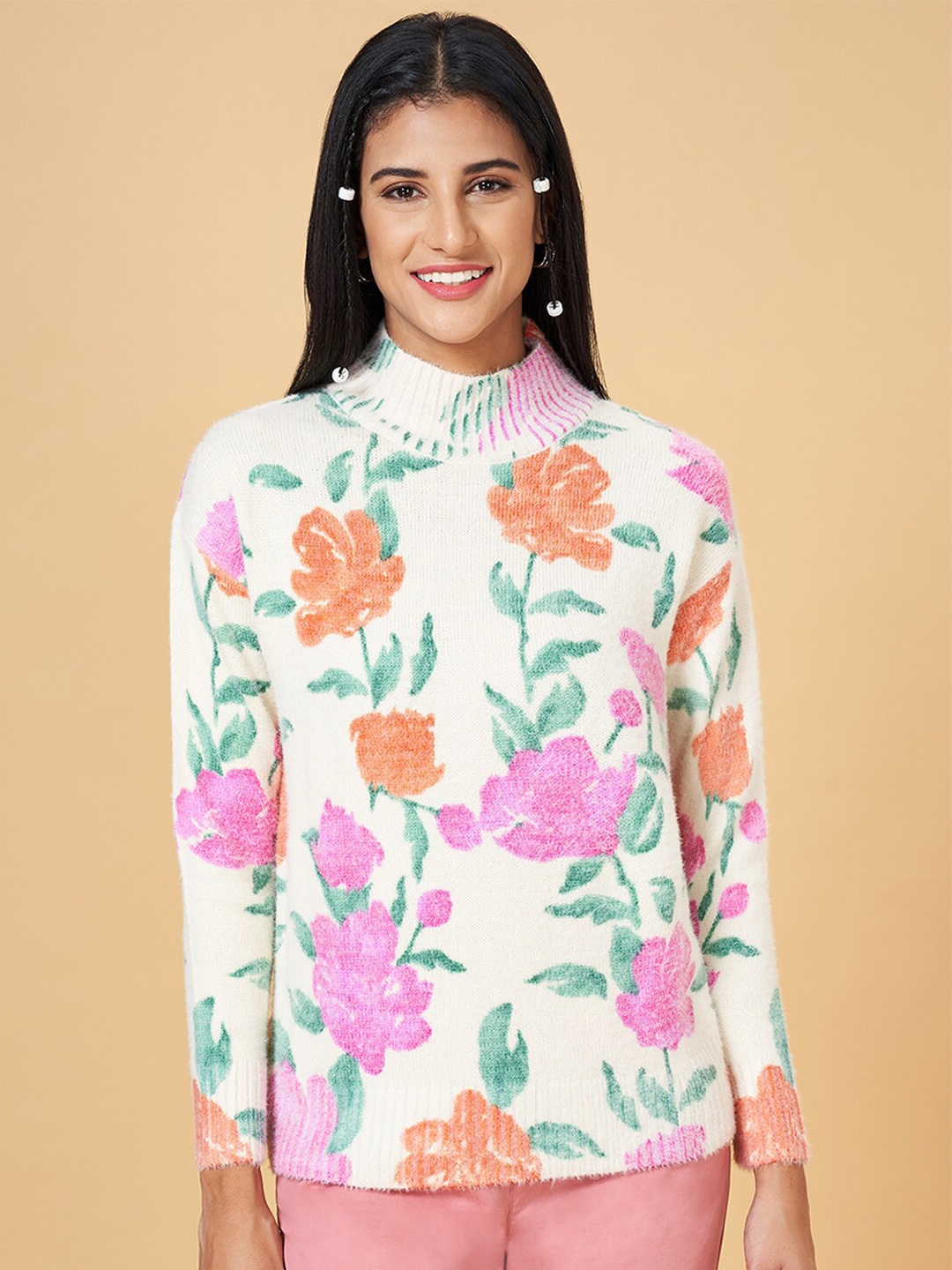 

Honey by Pantaloons Floral Printed Mock Collar Pullover, Off white