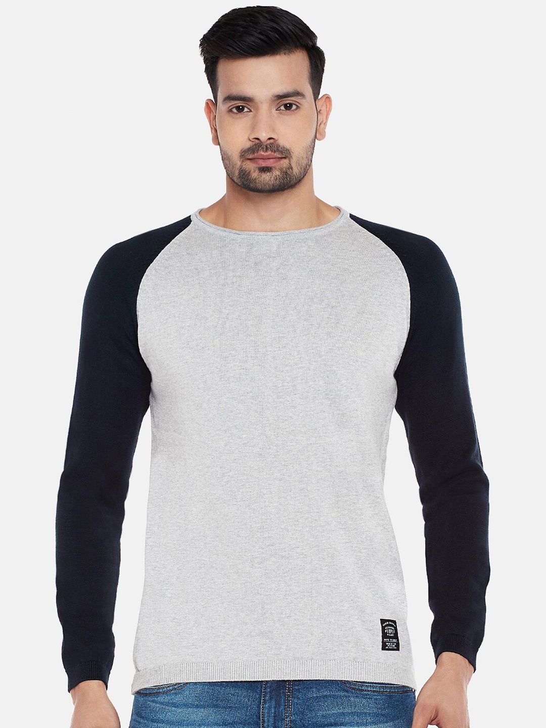 

People Round Neck Cotton Pullover Sweater, Grey