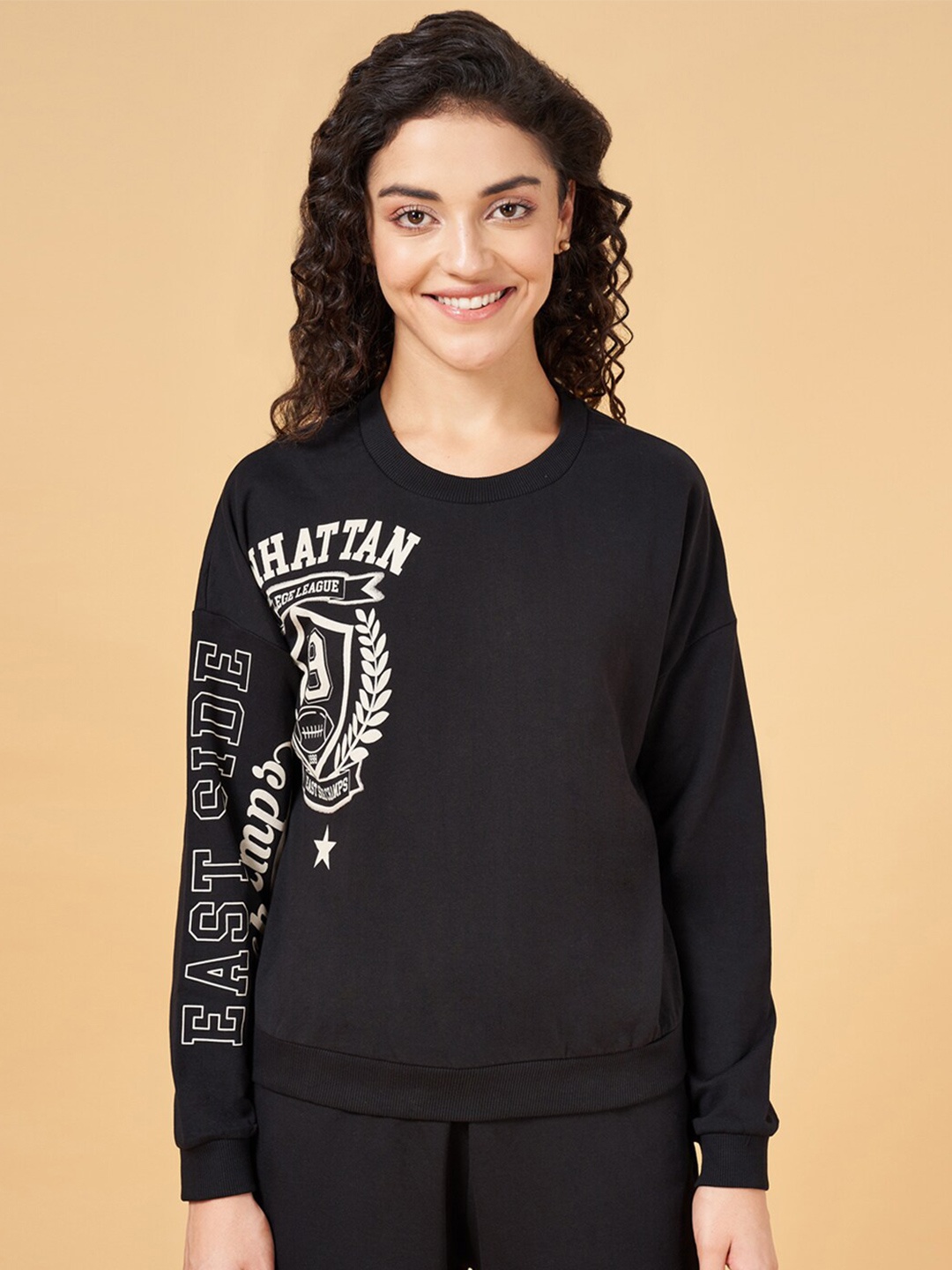 

Ajile by Pantaloons Typography Printed Long Sleeves Cotton Pullover, Black