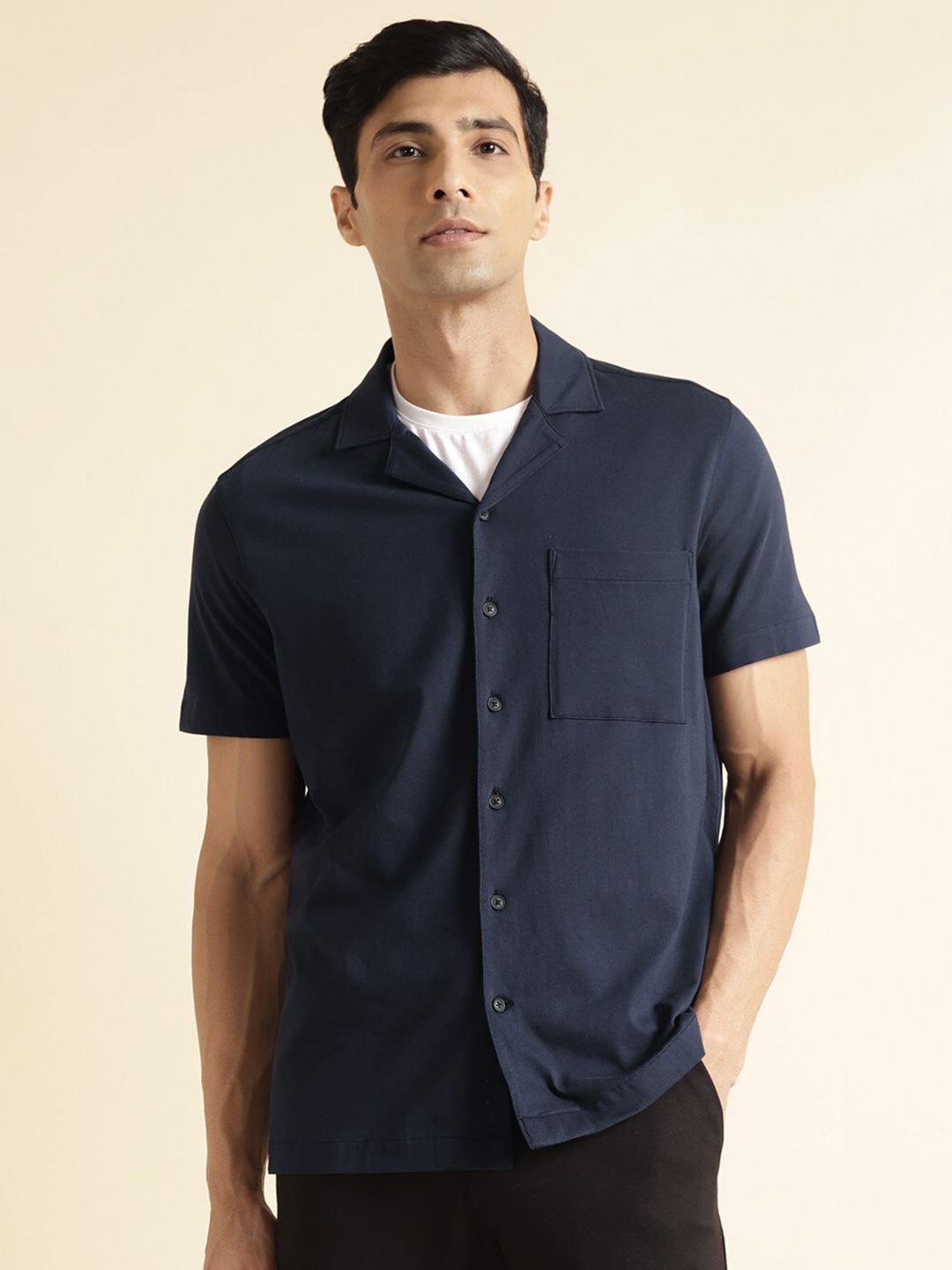 

Andamen Premium Cuban Collar Cotton Casual Shirt, Navy blue
