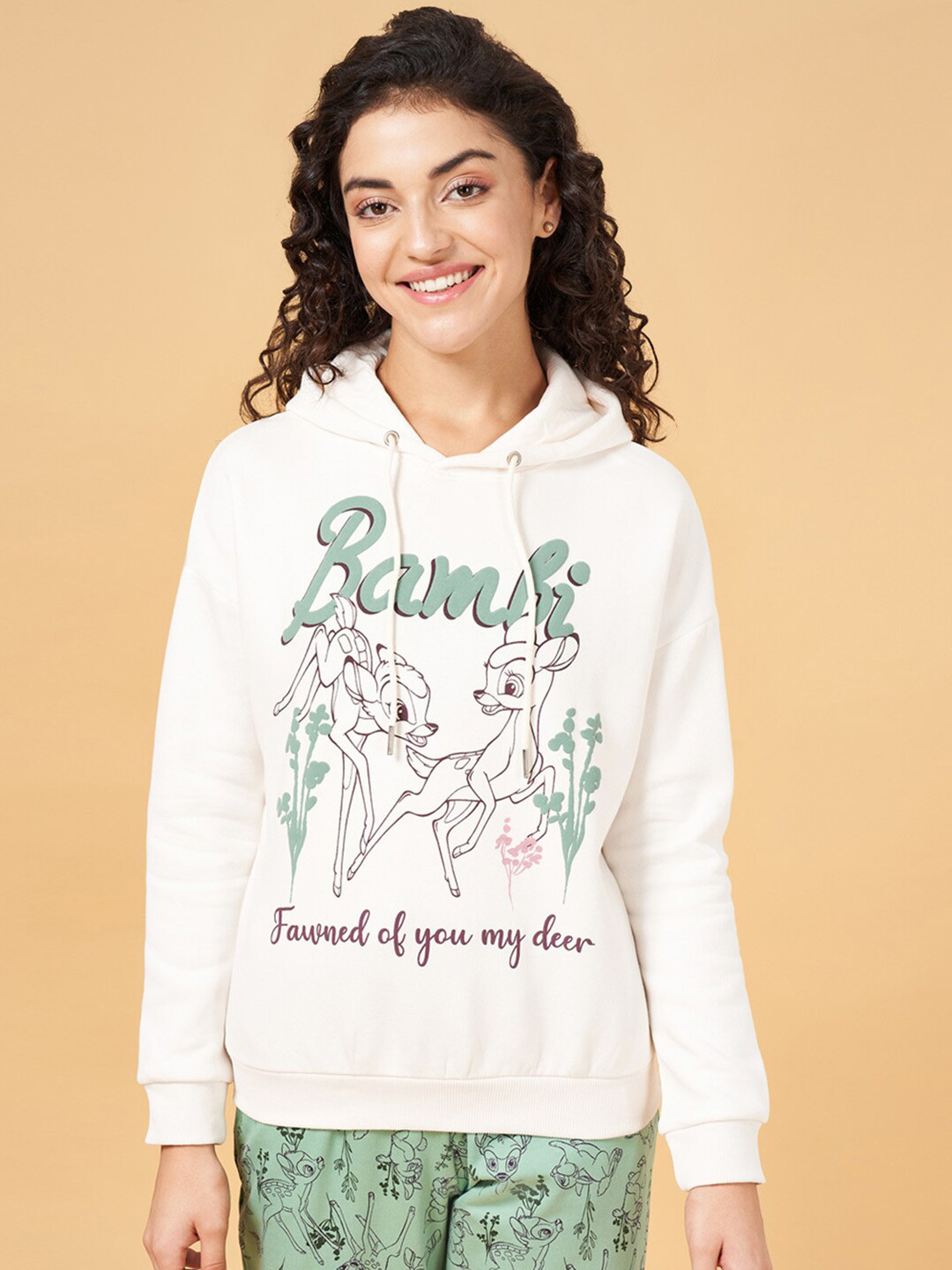 

Dreamz by Pantaloons Bambi Printed Hooded Cotton Sweatshirt, Cream