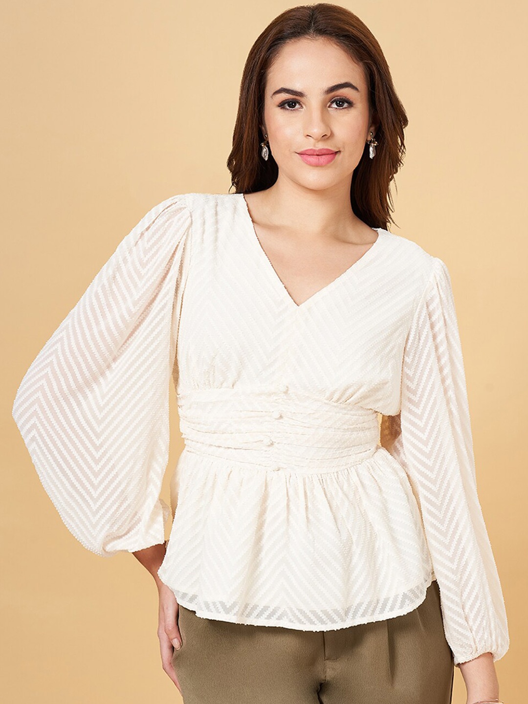 

Honey by Pantaloons Self Design Puff Sleeve Smocked Empire Top, Off white