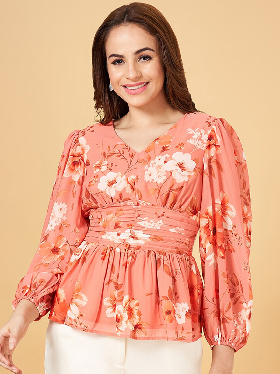 

Honey by Pantaloons Floral Printed Puff Sleeve Smocked Empire Top, Peach